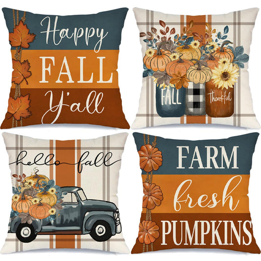 MODOVOS Fall Striped Mason Jar Pumpkin Throw Pillow Covers Thanksgiving Farmhouse Decorations Maple Leaf Outdoor Fall Decor Pillow Covers 18x18 Set of 4 Harvest Autumn Cushion Case for Sofa Couch