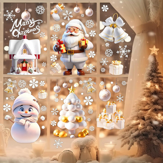 LONGTEN Christmas Windows Static Stickers Clings Santa Claus Snowman Deer Snowflake Removable Vinyl Christmas Tree DIY Wall Window Door Mural Decal Sticker for Showcase