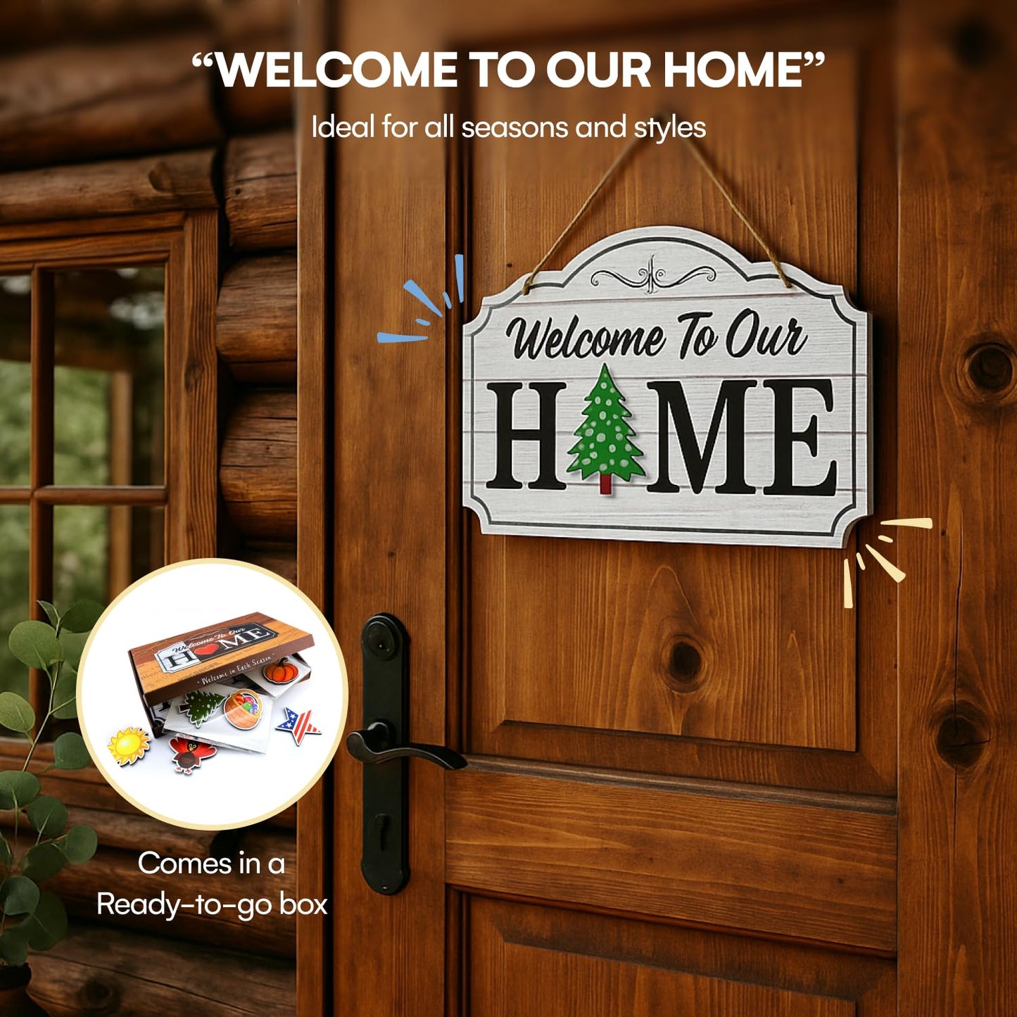 Bigtime Signs Welcome to Our Home Black Wood Grain Print Wall & Front Door Decor - Welcome Sign for Front Door with Interchangeable Home Sign Magnets Halloween, Easter, Fall, Valentines
