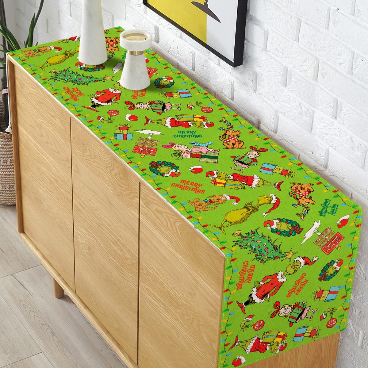 Merry Christmas Table Runner Christmas Xmas Winter Holiday Season Party Decorations Kitchen Fireplace Dining Room Home Decor (Green, 13" x 72")