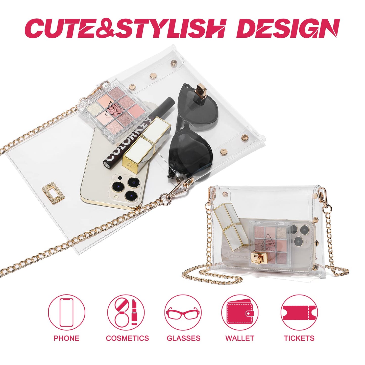 YueBags Small Clear Purse Stadium Approved for Women,Cute Clear Crossbody Bag for Sports Event,Concert,Gameday(Gold)