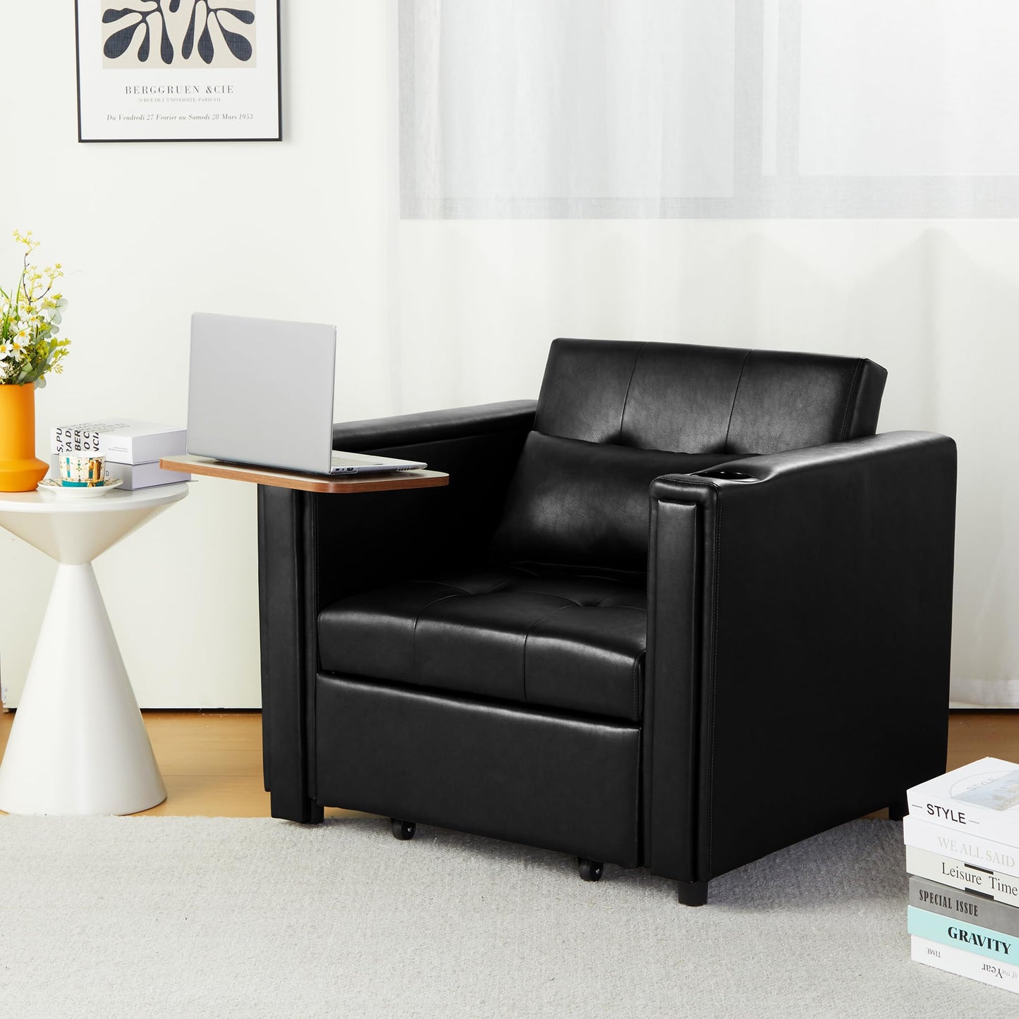 weselon Leather Convertible Chair Bed, 3 in 1 Multi-Functional Lounge Chair Sleeper, Pull Out Couch Guest Bed with Hidden Table and Adjustable Backrest for Living Room (Black)