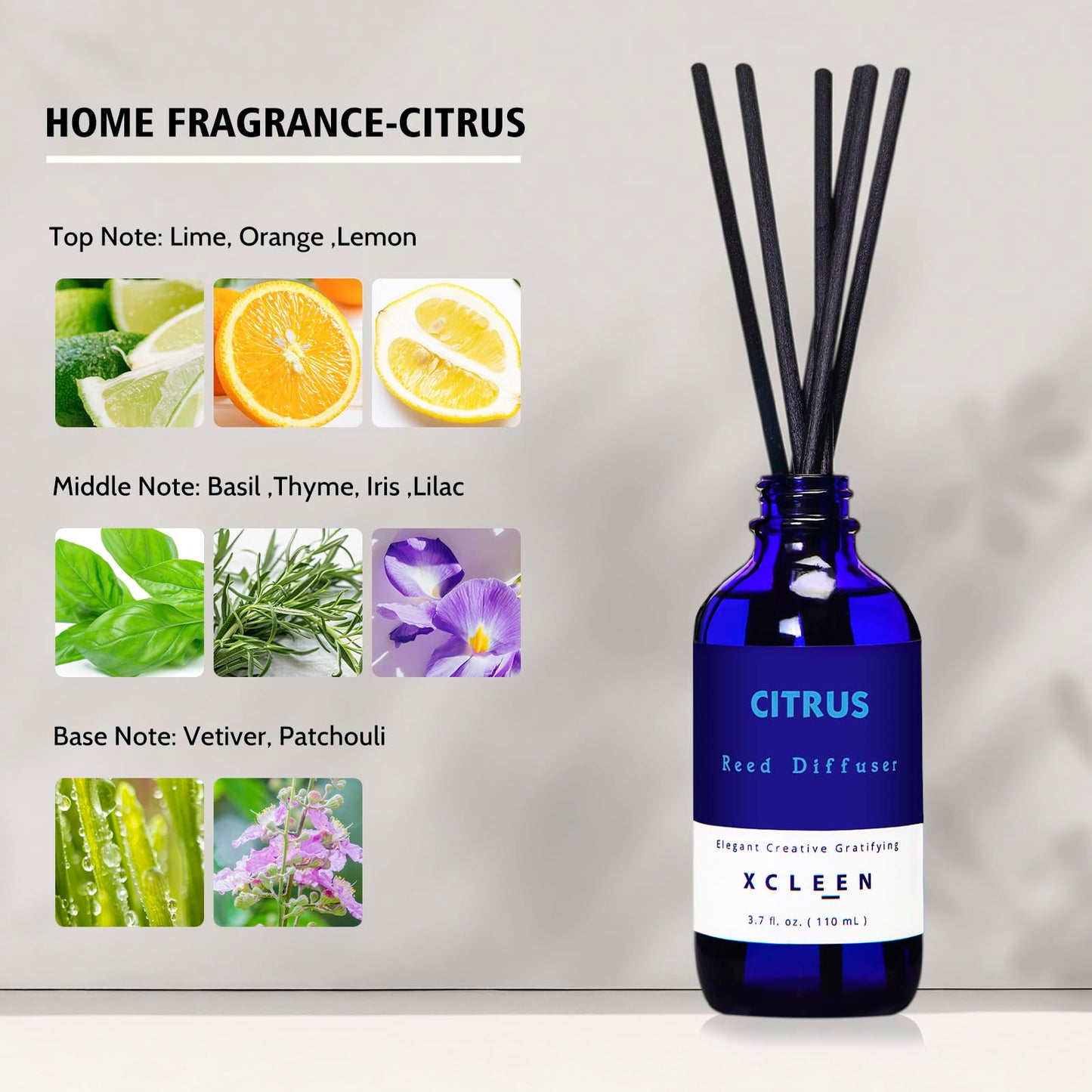 Xcleen Citrus Scented Reed Diffuser, Orange, Lime & Lemon Oil Reed Diffuser, Real Citrus! Holiday Home Fragrance for Bathroom Office Decor
