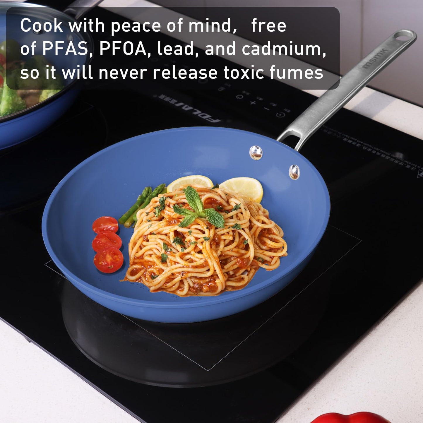 MsMk Ceramic Nonstick 8-inch and 10-inch Frying Pan Set, No PFAS & PTFE & PFOA, Stainless Steel Handle, Dishwasher & Oven Safe,Blue