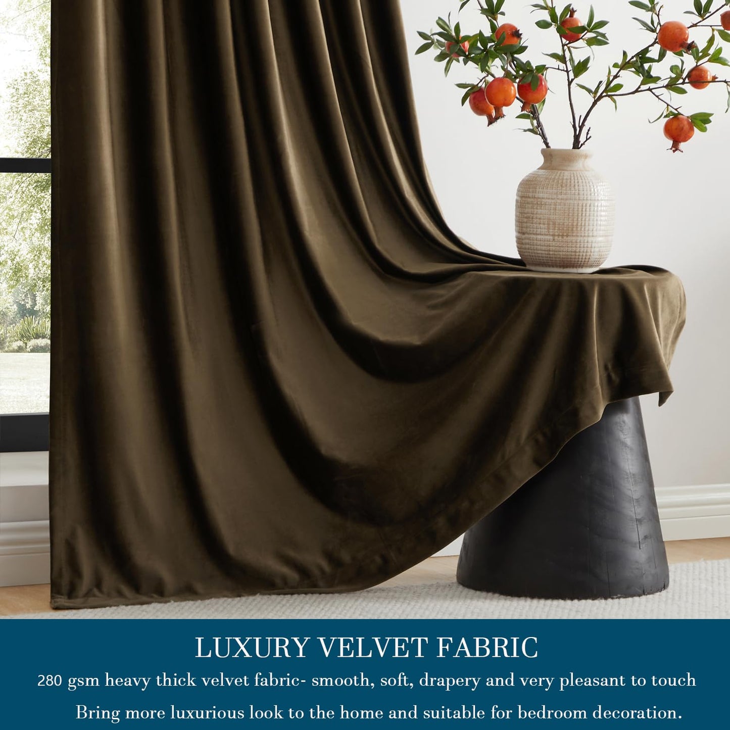 PRIMROSE Brown Velvet Curtains 96 inch Long for Living Room,Set of 2 Panels Blackout Rod Pocket Back Tab Window Treatment Room Darkening Heavy Decorative Curtains Drapes for Bedroom