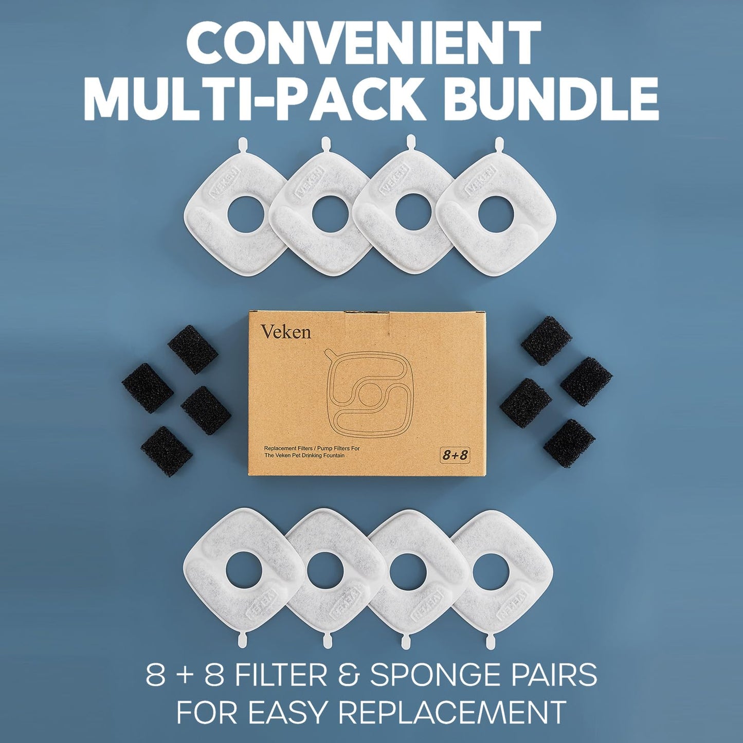 Veken Cat Water Fountain Filters, 8 Pack Replacement Filters & 8 Pack Replacement Pre-Filter Sponges Set for 50oz, 84oz, 95oz Automatic Pet Fountain Dog Water Dispenser