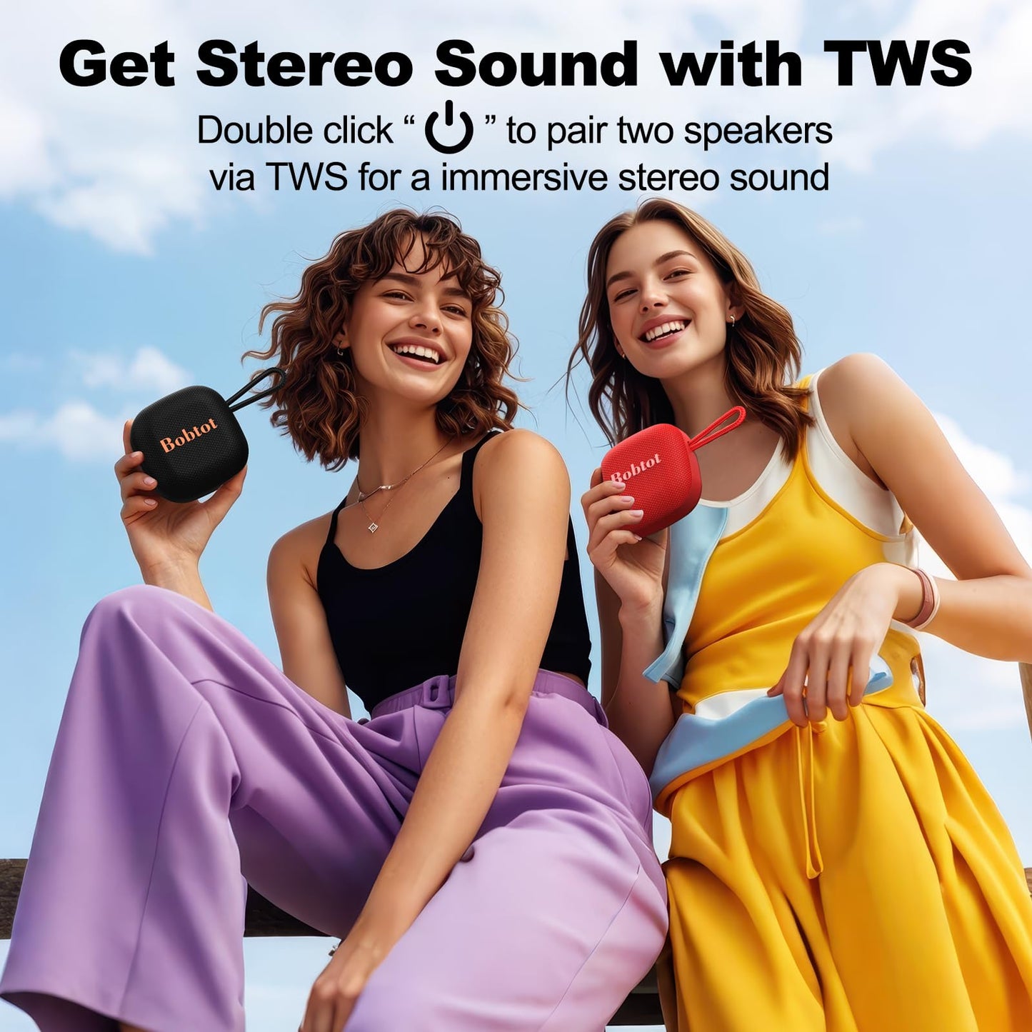 Bobtot Portable Bluetooth Speakers, Wireless IPX7 Waterproof Mini Speaker with 16H Playtime, Loud Stereo Sound, TWS, Built-in Microphone, Small Size with Lanyard, Black