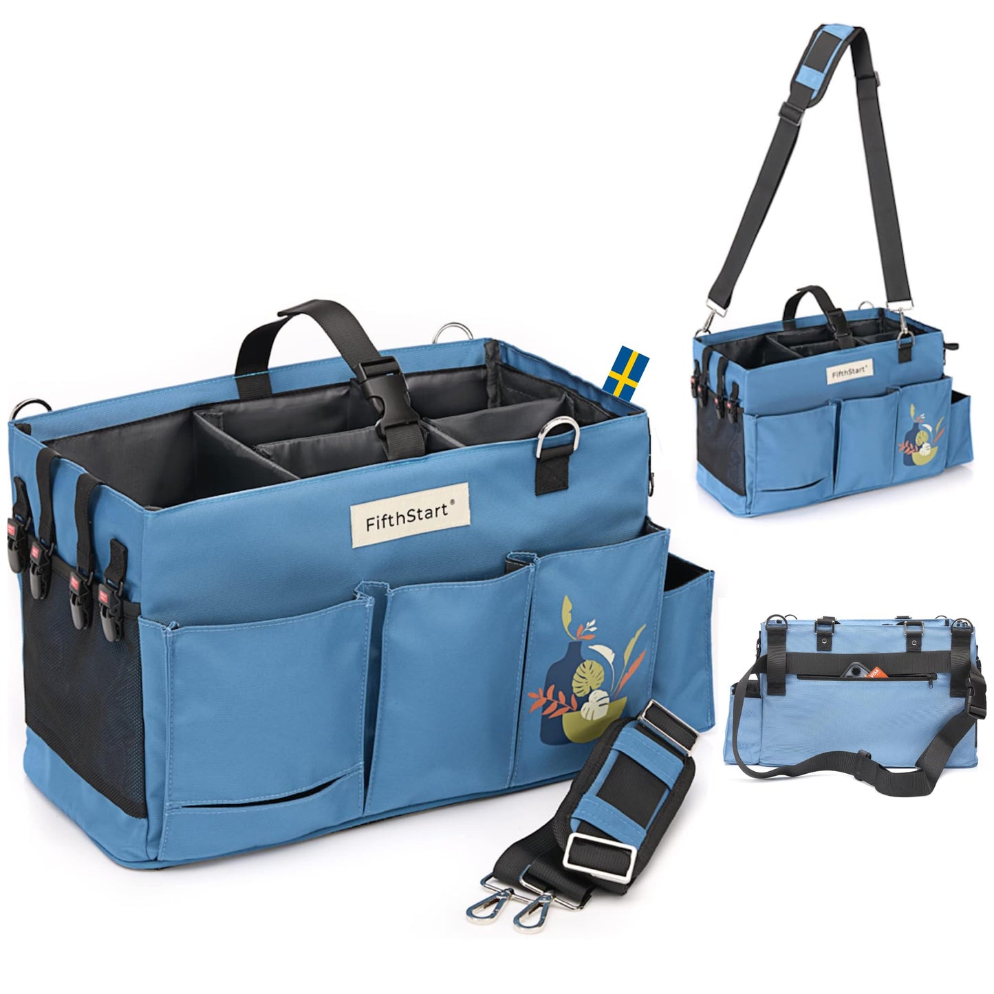 FifthStart Multiuse Cleaning Caddy with Waist & Shoulder Strap - Diaper Caddy & Beach Bag - 9 Pockets & Mesh Base - Blue, X-Large