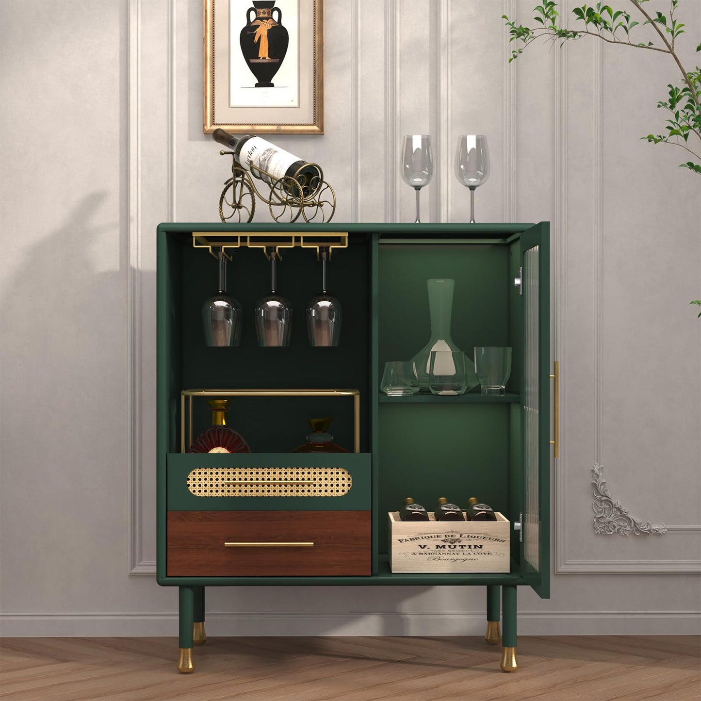ARTPOWER Modern Coffee Bar Cabinet with Wine Glass Rack and Drawers, Green Liquor Cabinet with Pull-Out Wine Storage for Kitchen, Dining Room, Living Room