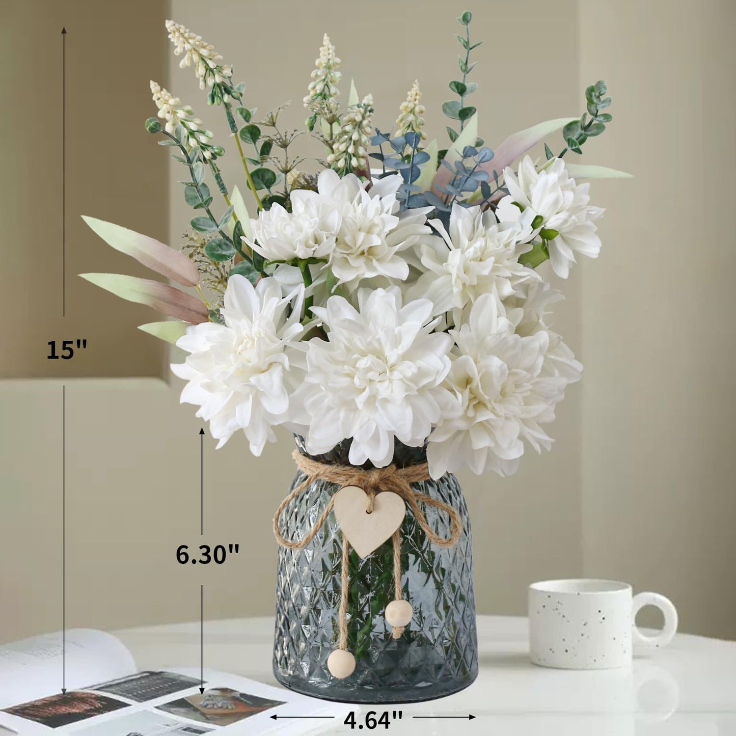 Leftover Fake Flowers in Vase,White Artificial Flowers Centerpieces for Tables,Fake Plant and Faux Flowers for Vase,Silk Flower Arrangements for Home Decor Living Room,Coffee Table Decor