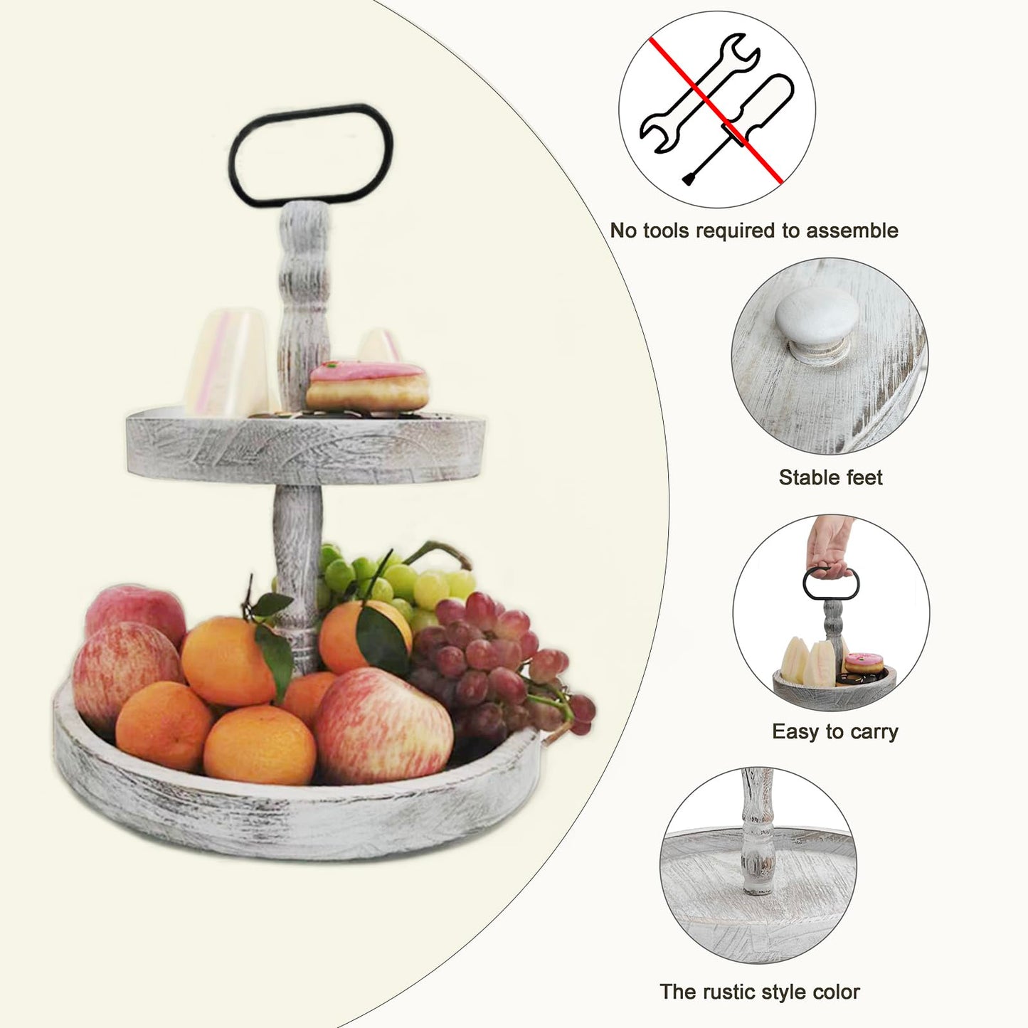 Farmhouse 2 Tiered Tray Stand for Home Decor, Wooden Serving Tiered Tray for Coffee Bar Table Centerpiece, Decorative Trays Kit for Countryside, Round Rustic Stand for Cake Cupcake(White)