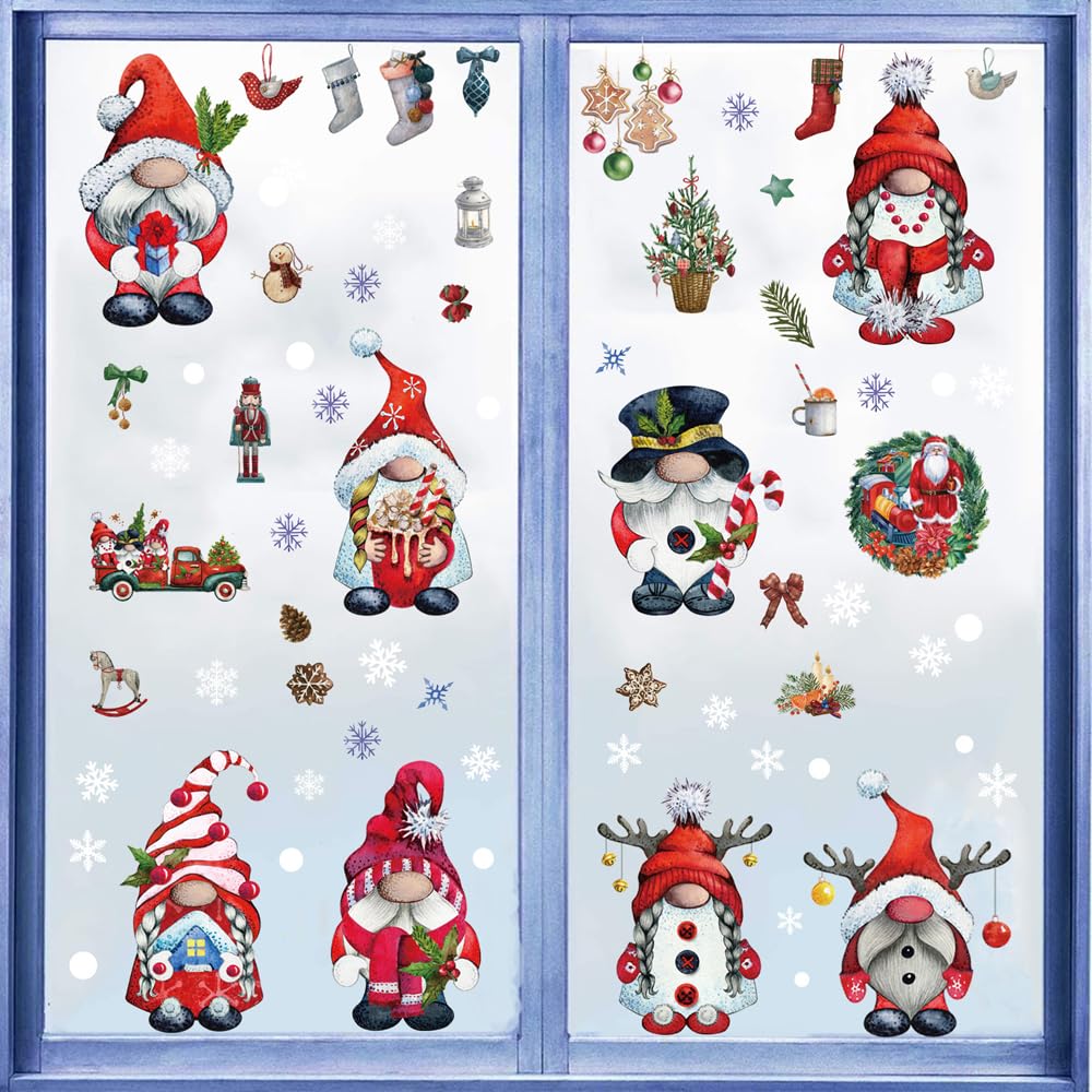 Christmas Window Clings for Glass - Snowflake Decals, Santa Claus Stickers for Window Decorations - Winter Xmas Holiday Party Decor Supply