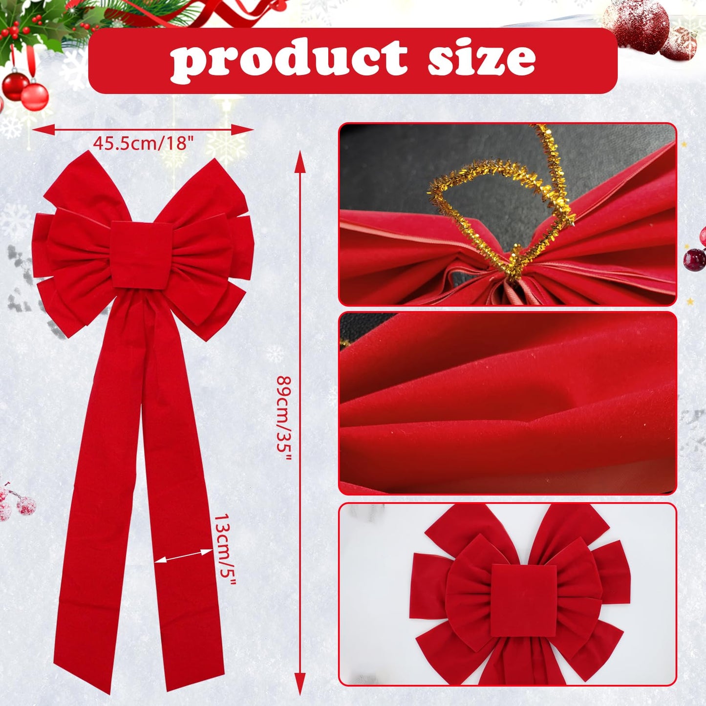 4 Pack Christmas Tree Bow Topper Red, 18”x35” Car Bow, Christmas Bows Decoration Large, Wreath Bow, Christmas Red Velvet Bows, for Xmas Home Front Door Patio Outdoor Decor (Red 2, 4 Pack)