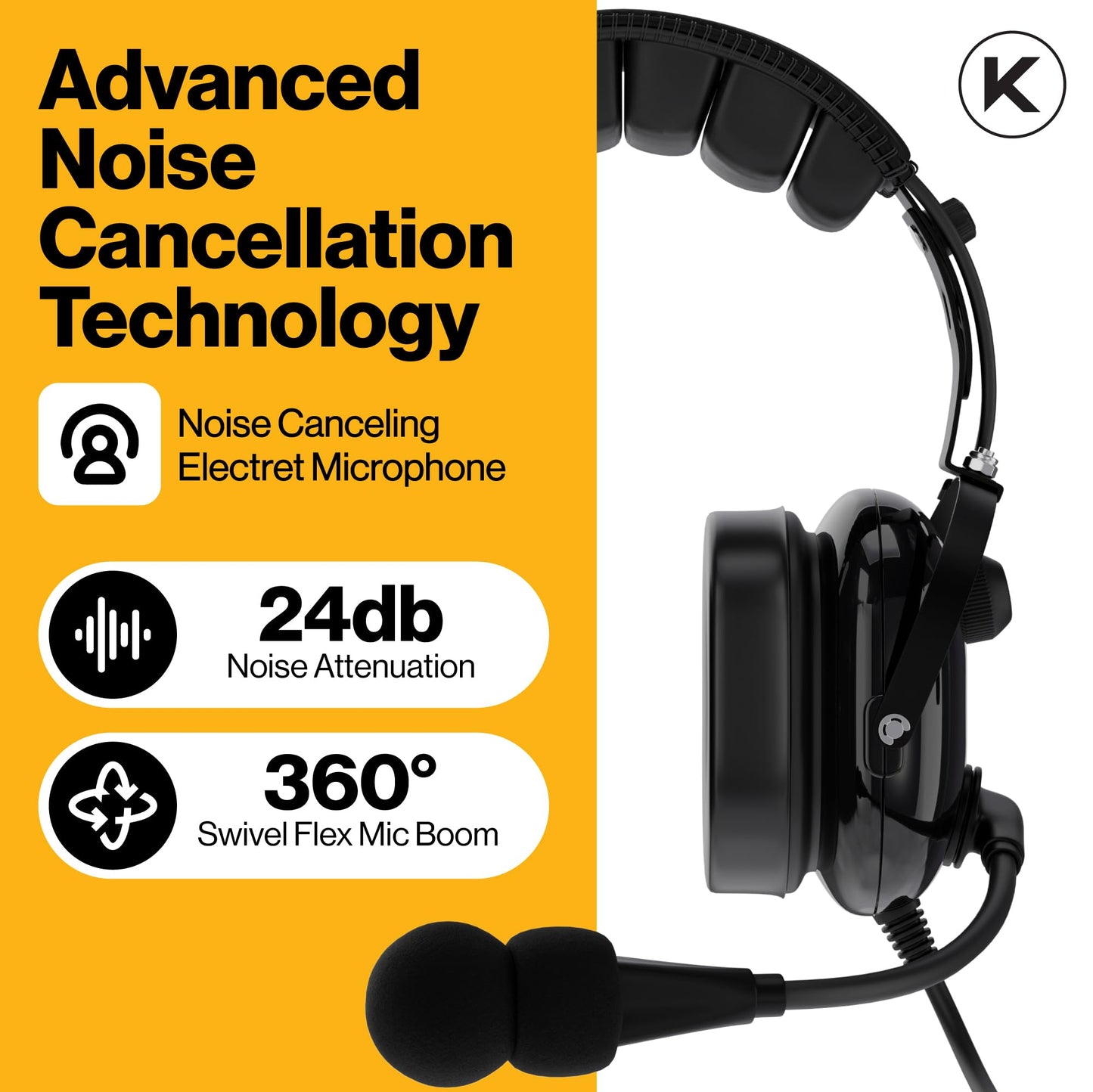 KA-1 General Aviation Headset for Pilots - Mono and Stereo Compatibility, Passive Noise Reduction, Noise Canceling Microphone, Gel Ear Seals, Adjustable Headband & Headset Bag