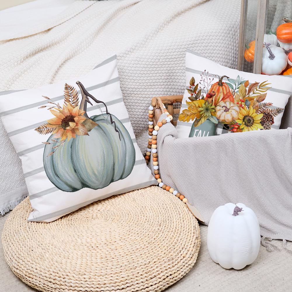 AACORS Fall Pillow Covers 18 x 18 Inch Set of 4, Pumpkin Home Sweet Home Thankful Grateful Blessed Harvest Floral Decorations Autumn Seasonal Pillow Case Decor for Sofa Couch AA275-18