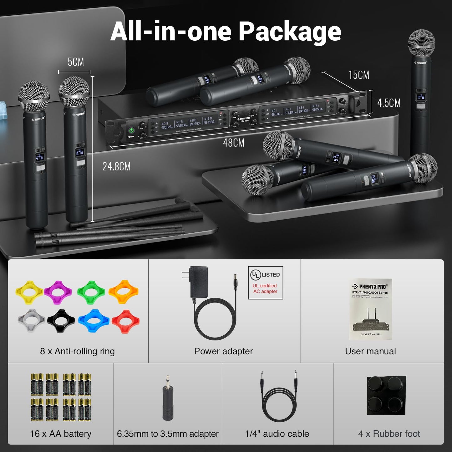 Phenyx Pro Wireless Microphone System, 8-Channel Wireless Mic, w/ 8 Handheld Dynamic Microphones, Auto Scan,8x40 UHF Frequencies, 328ft Range, Mics for Singing,Church, Karaoke(PTU-6000-8H)