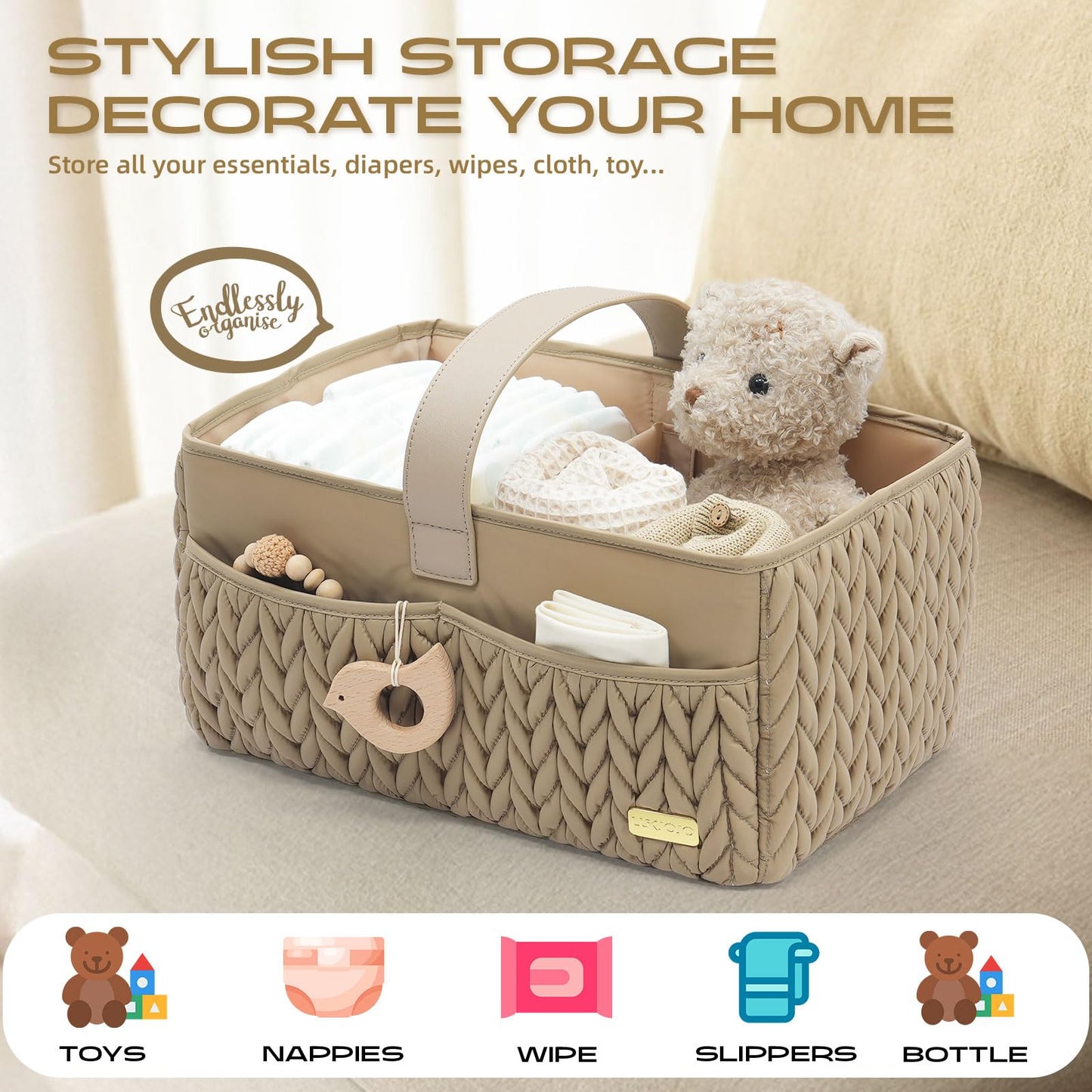 LUKJOJO Luxurious Baby Diaper Caddy, Nursery Storage Basket for Newborn Essentials, Travel Baby Basket for Diapers Baby Wipes, Organizer Tote Bag Storage Bin, Baby Shower Gifts(Beige)