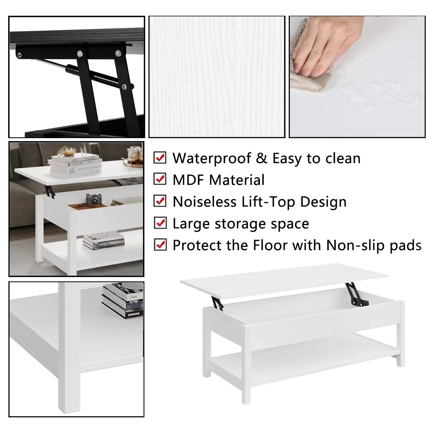 Panana Lift Top Coffee Table with Hidden Compartment and Open Shelf, Lift Tabletop Pop-Up Coffee Table for Living Room, 45.28" L, White