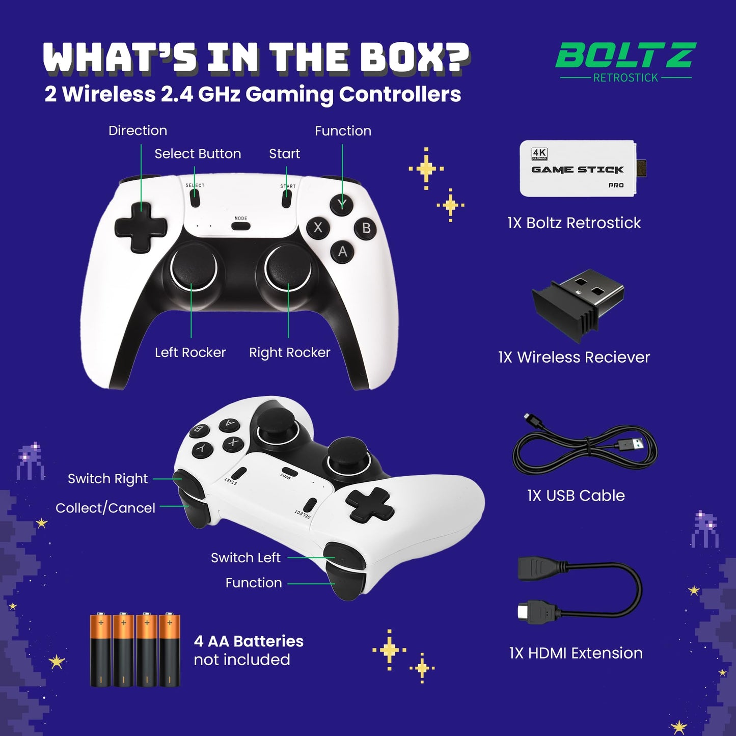 Boltz Retro Stick Gaming Stick – Retro Gaming Console with 40,000+ Classic Video Games, 9 Emulators, 128GB Storage, Plug & Play 4K HDMI Output, Includes 2 Wireless 2.4GHz Controllers