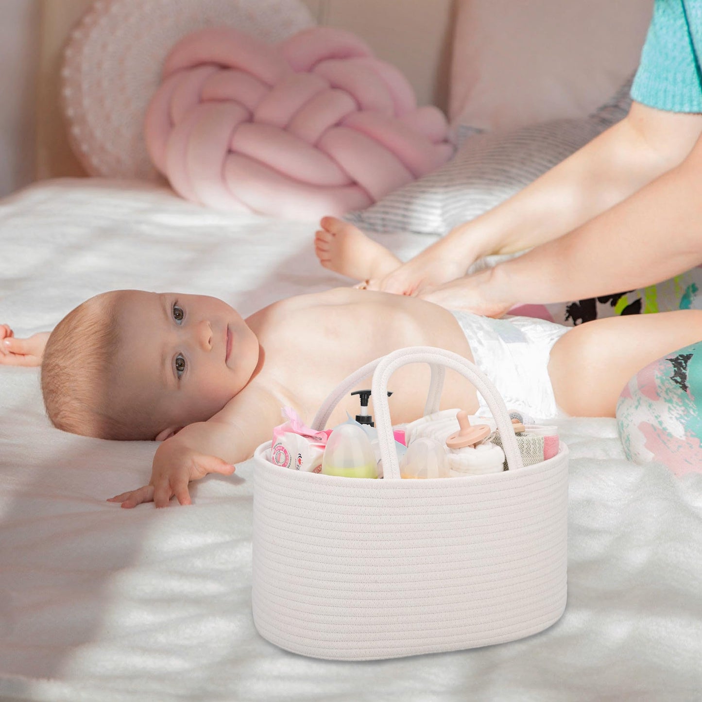 COMSE Baby Diaper Caddy Organizer, Car Caddy, Diaper Change Organizer, Gift Baskets Empty, Portable Tote Bag with Divider, Baby Shower Gifts Newborn Essentials Registry Must Have, White