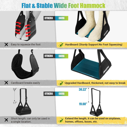 2-Pack Foot Hammock for Plane Travel, No Collapse Thickened Bamboo Airplane Foot Rest with Extended Adjustment Strap, Portable Desk Foot Hammock to Relax Your Feet, Foot Sling Travel Essentials