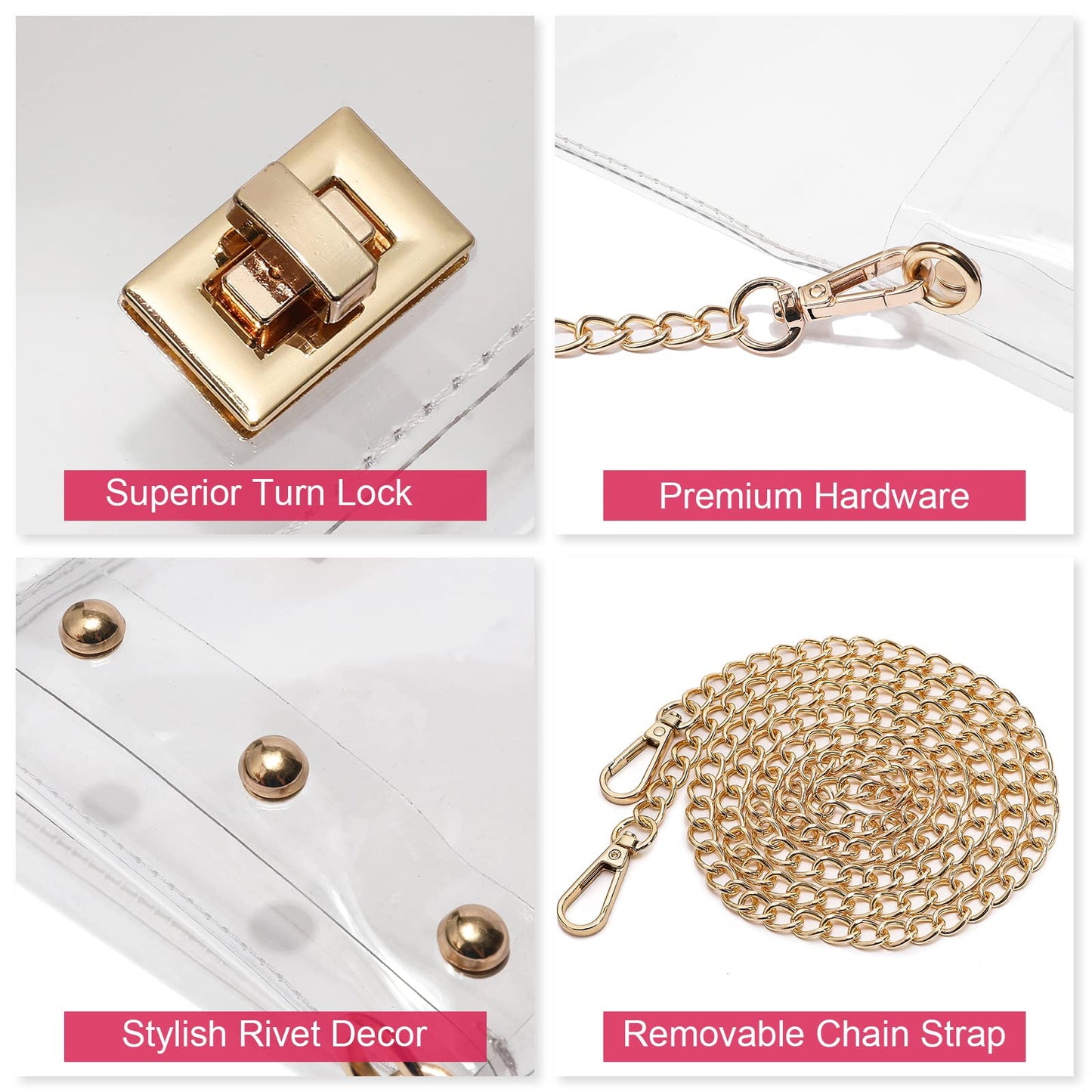 YueBags Small Clear Purse Stadium Approved for Women,Cute Clear Crossbody Bag for Sports Event,Concert,Gameday(Gold)