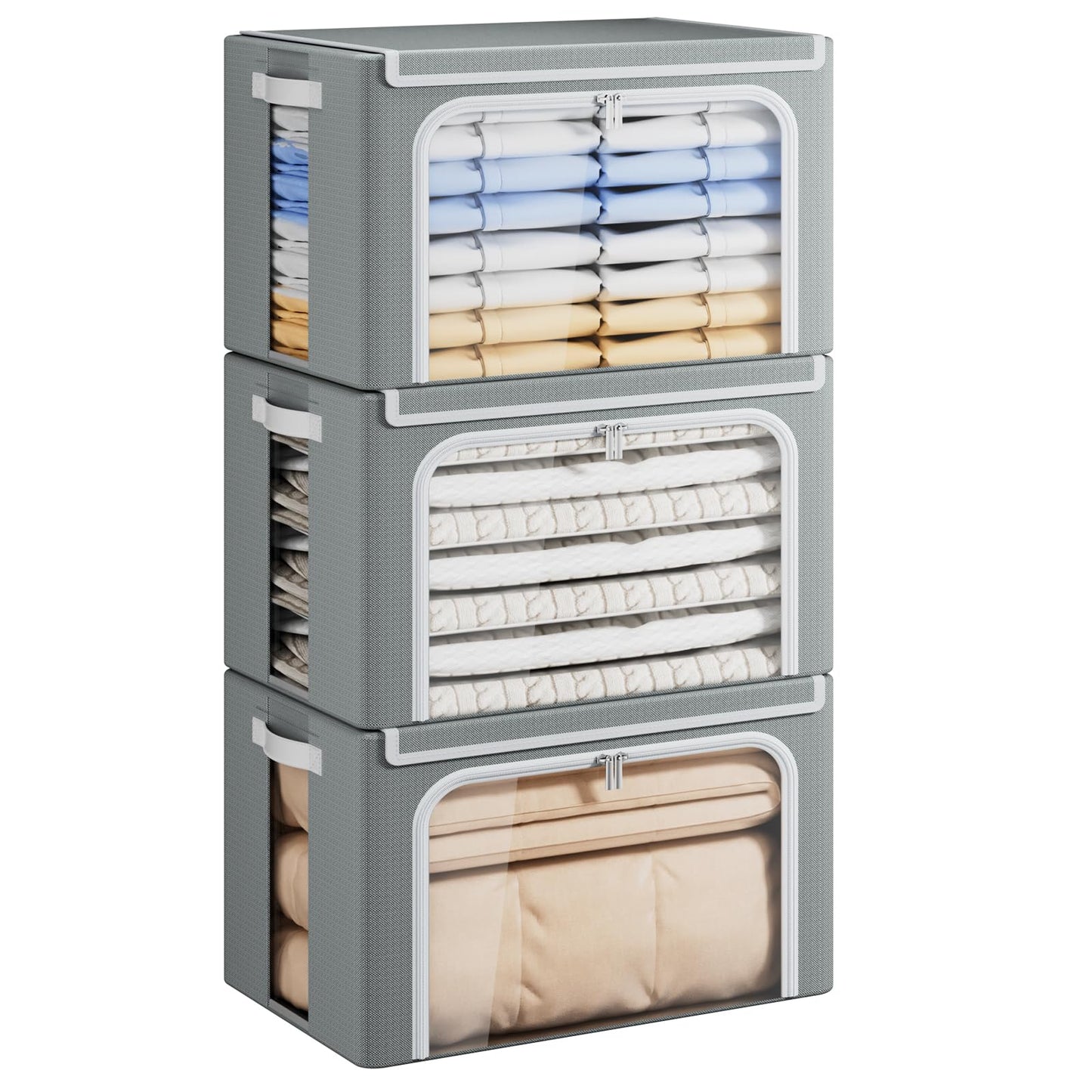 Yecaye Clothes Storage Bins with Metal Frame, Foldable Clothing Storage Bin with Lid, Stackable Oxford Fabric Organizer Box With Clear Window & Zippers & PU Leather Handles (3 Pack,Grey,66L)