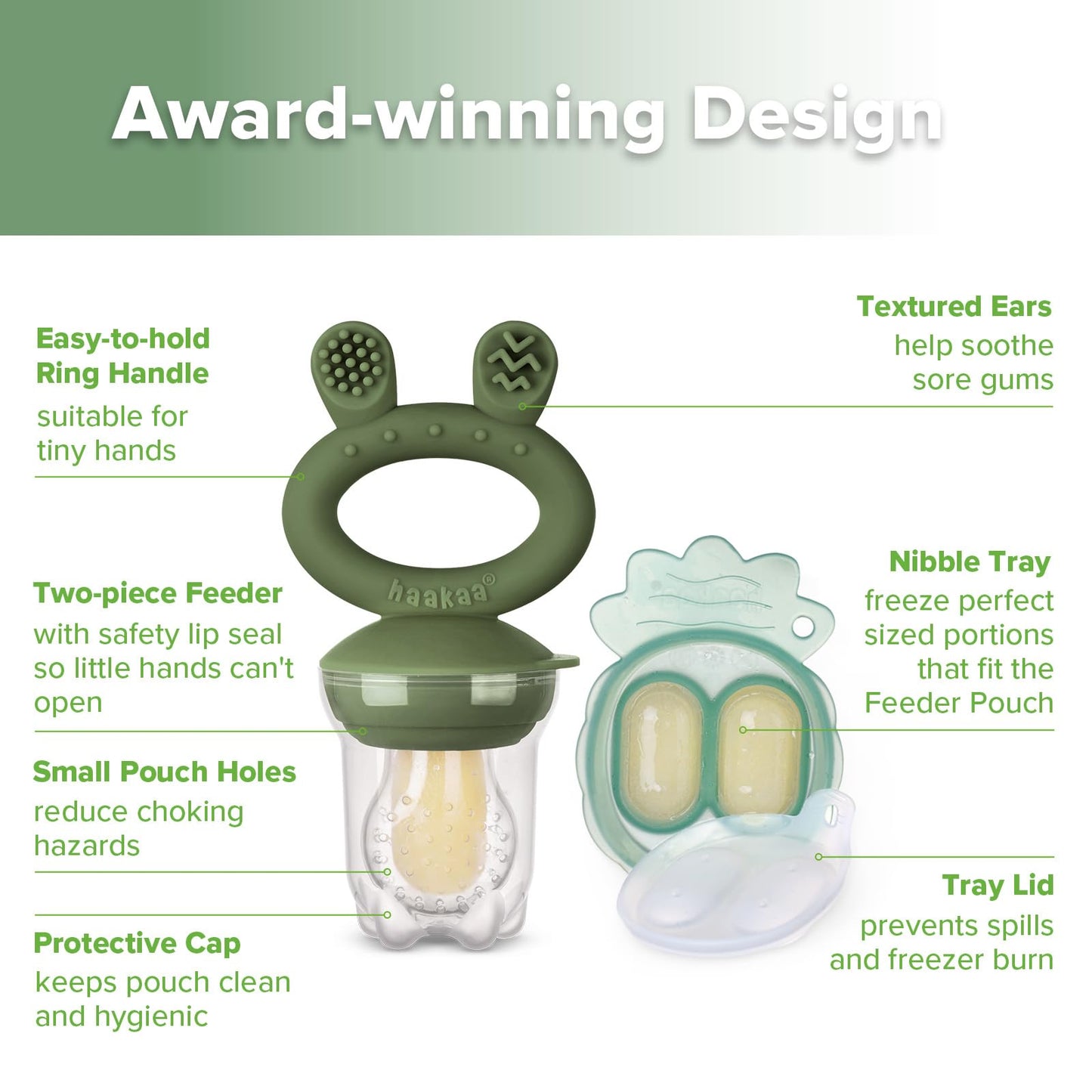 Haakaa Baby Fruit Food Feeder & Mini Freezer Nibble Tray Combo, Breastmilk Popsicle Molds for Baby Cooling Relief, BPA Free Silicone Feeder for Safe Infant Self Feeding, 4 Month+(Olive Green)