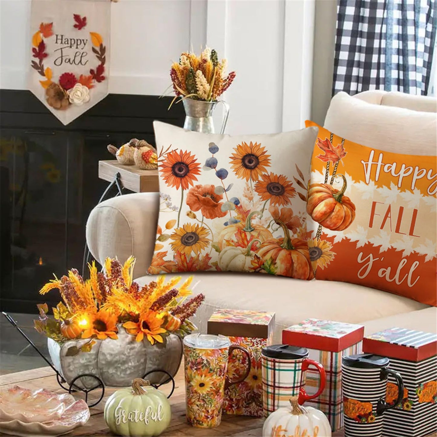 NIGHTWISH Fall Pillow Covers 18x18 Set of 4 Thanksgiving Farmhouse Decorations Floral Pumpkin Outdoor Fall Decor Throw Pillow Covers Thankful Blessed Harvest Autumn Cushion Case for Couch Sofa