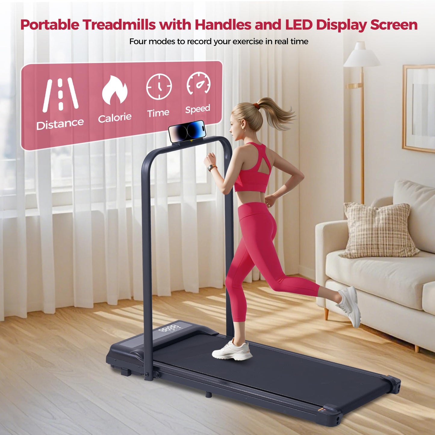 Portable Walking Pad Treadmills with Handle Bar, 3.0HP Folding Foldable Walking Pads Treadmill with Handles, Under Desk Compact Small Treadmill for Home Office Apartment, LED Display, 320LBS