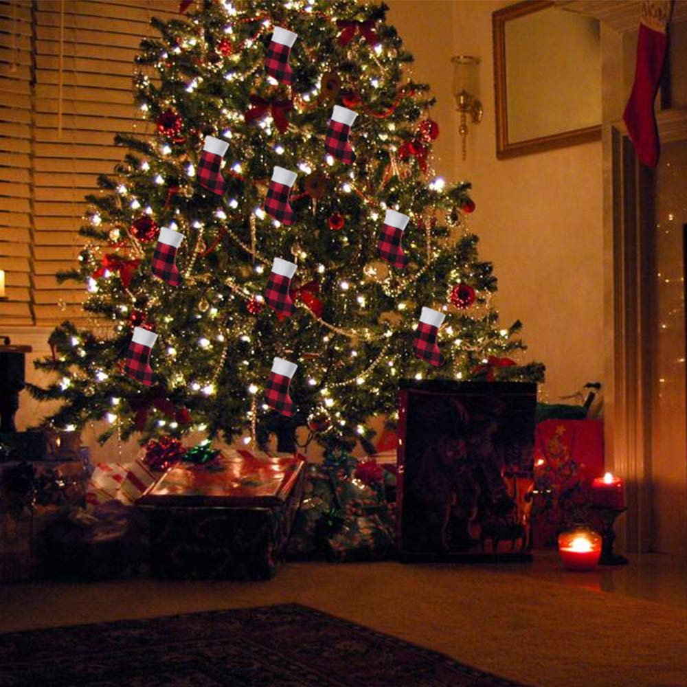 QBSM 24 Pack Mini Christmas Stockings, 7 inches Buffalo Plaid with Plush Cuff Small Stockings, Xmas Classic Black Red Plaid Stockings Decorations for Whole Family