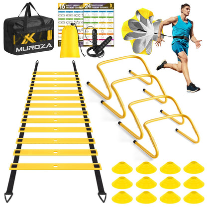 Agility Ladder Speed Training Equipment Set-20ft Agility Ladder,12 Soccer Cones,4 Hurdles, Jump Rope, Running Parachute, Basketball Football Soccer Training Equipment for Kids, Youth, Adults