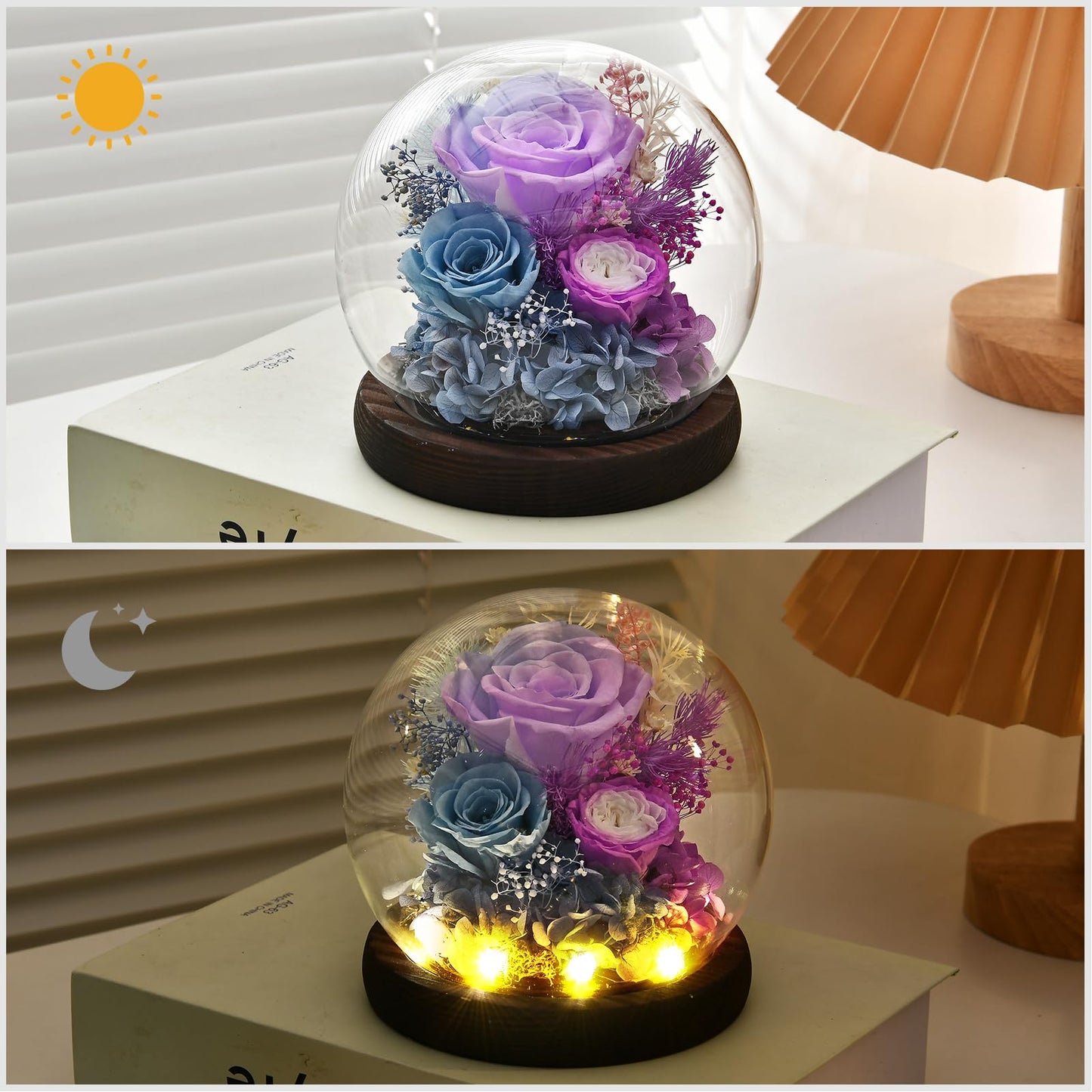 GiftGuru Mothers Day Flowers Delivery Prime, Roses in Glass Dome with LED Light - Gifts for Mom Grandma Her Girlfriend Wife