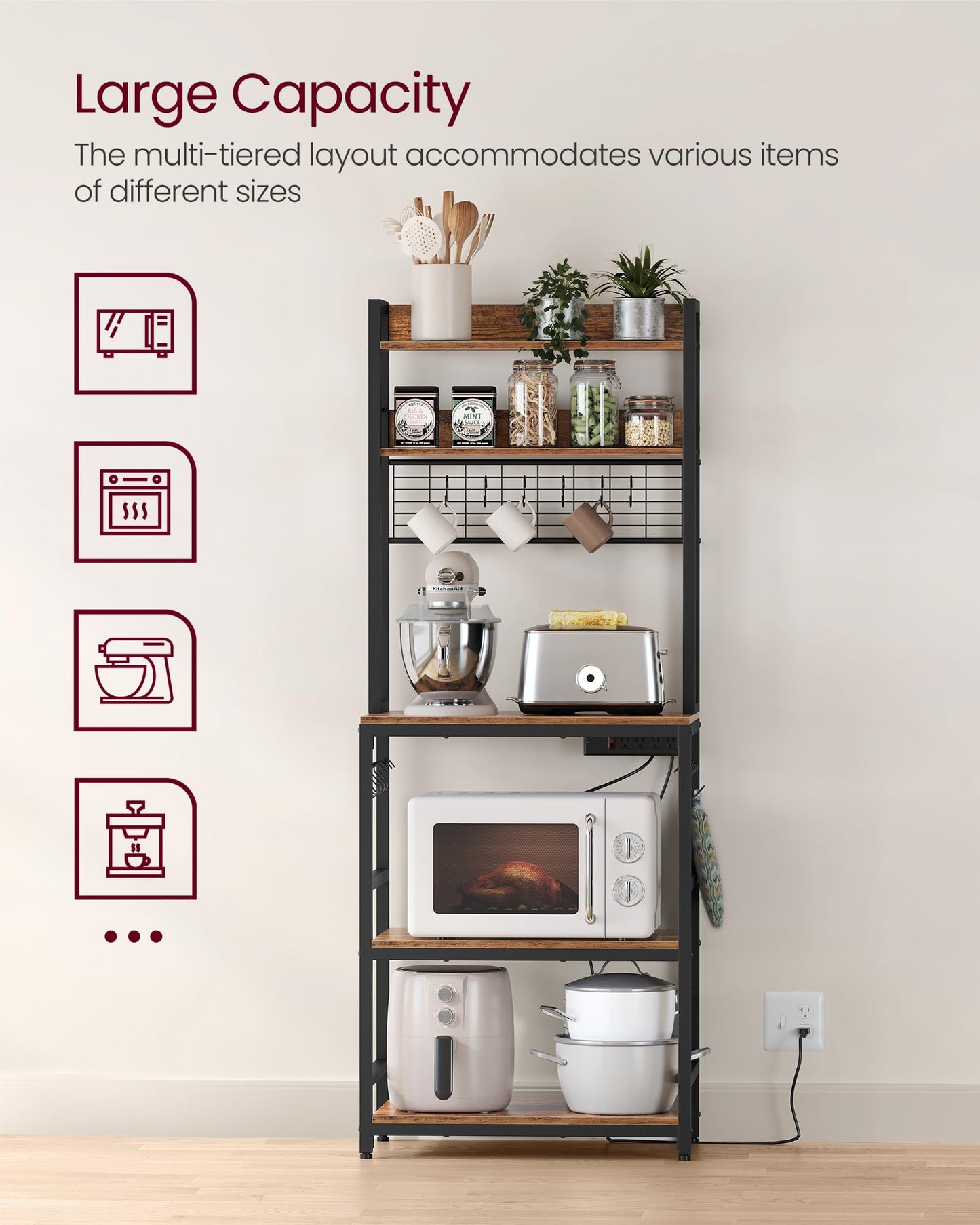 VASAGLE Hutch Bakers Rack with Power Outlet, 14 Hooks Microwave Stand, Adjustable Coffee Bar with Metal Wire Panel, Kitchen Storage Shelf, 15.7 x 23.6 x 66.9 Inches, Rustic Brown and Black UKKS037B01