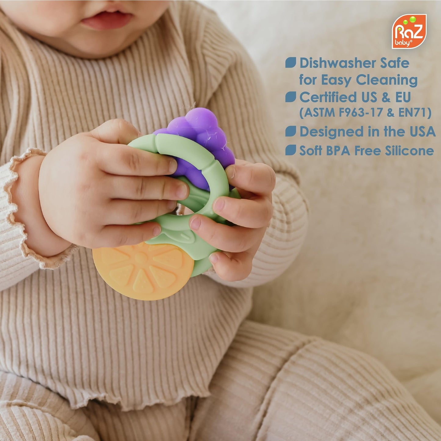 RaZbaby Fruitique Infant & Baby Massager & Teether Toy 3-Pack, Fruit-Shaped Multi-Texture Teethers Soothe Sore Gums, Non-Toxic BPA-Free Food-Grade Silicone, Hands-Free & Easy to Hold, 3M+