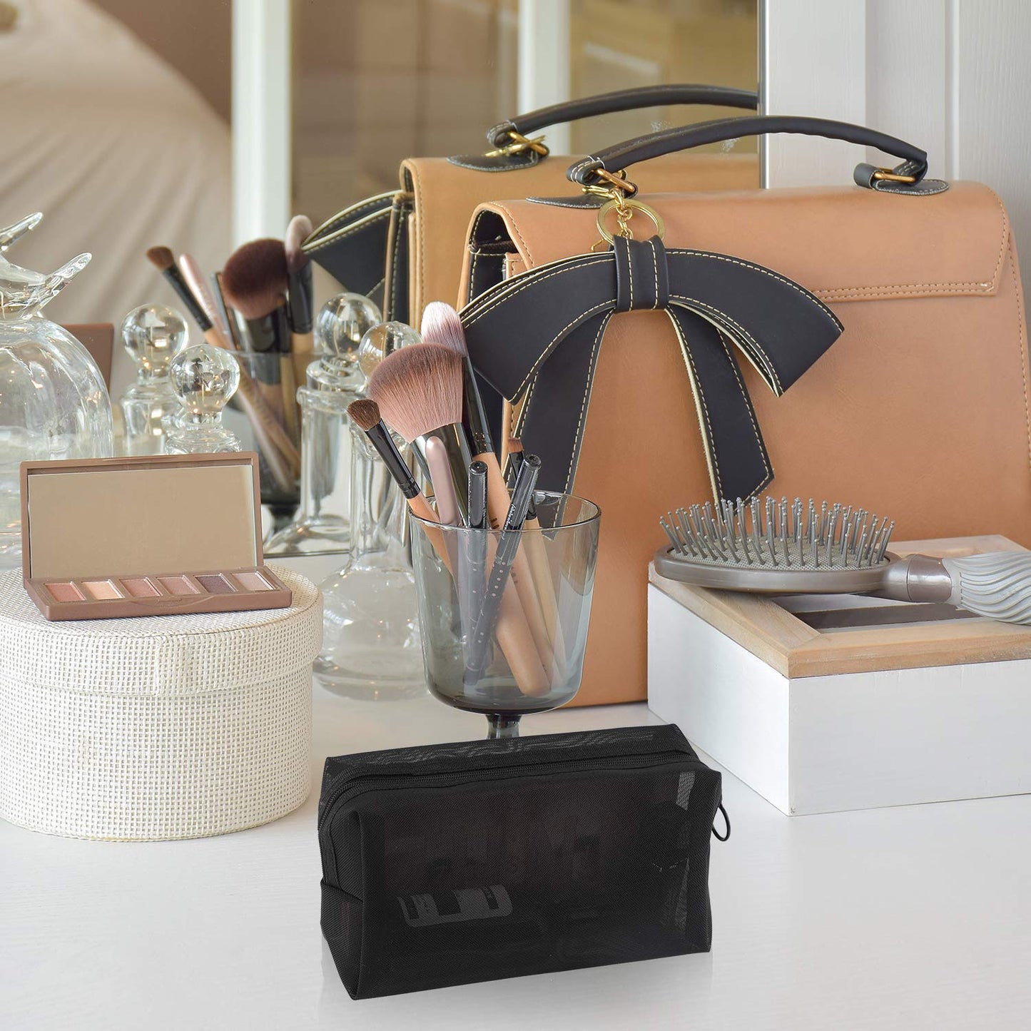 Boao 3 Piece Mesh Cosmetic Bag Mesh Makeup Bag with Zipper Pouch Travel Toiletry for Makeup Organizer Home Office Travel Accessories(Black)