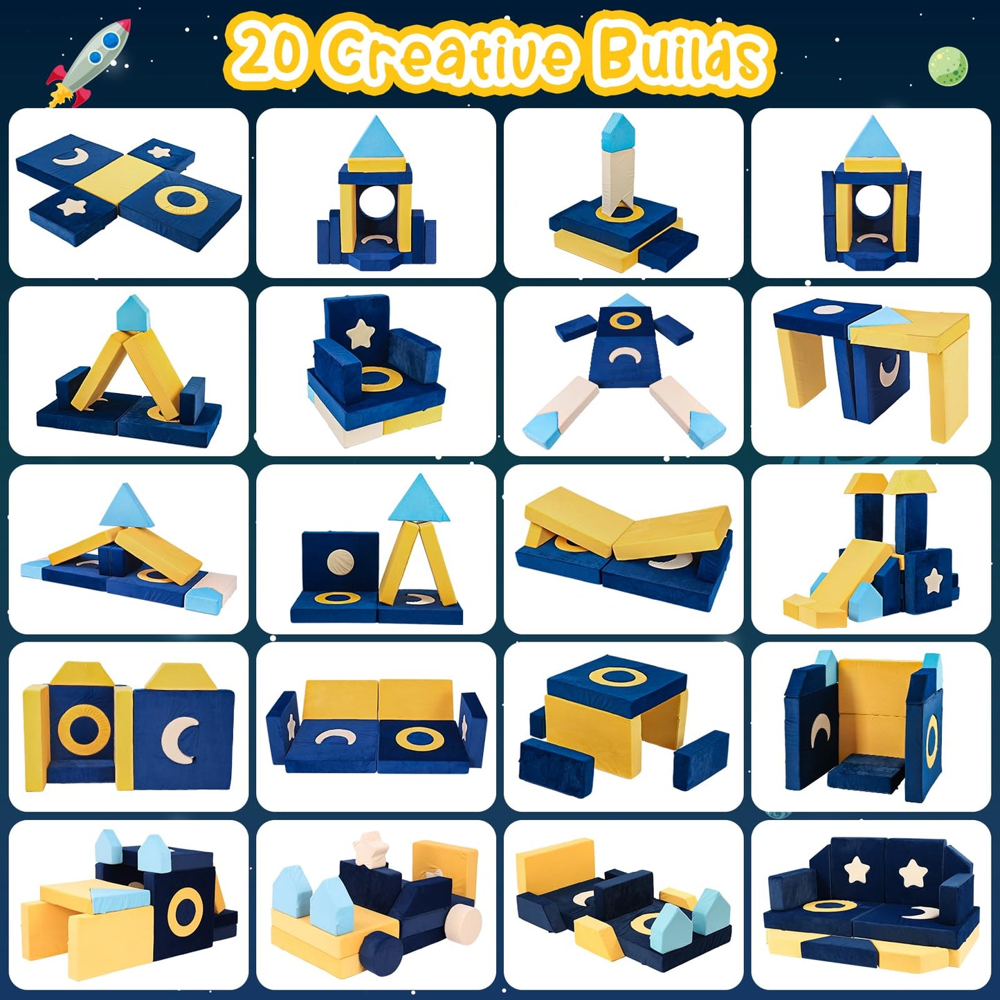 Erament 21PCS Modular Kids Play Couch - Universe Theme Toddler Couch Building Fort, Multifunctional Kids Sofa for Toddler to Teenagers, Playroom, Bedroom