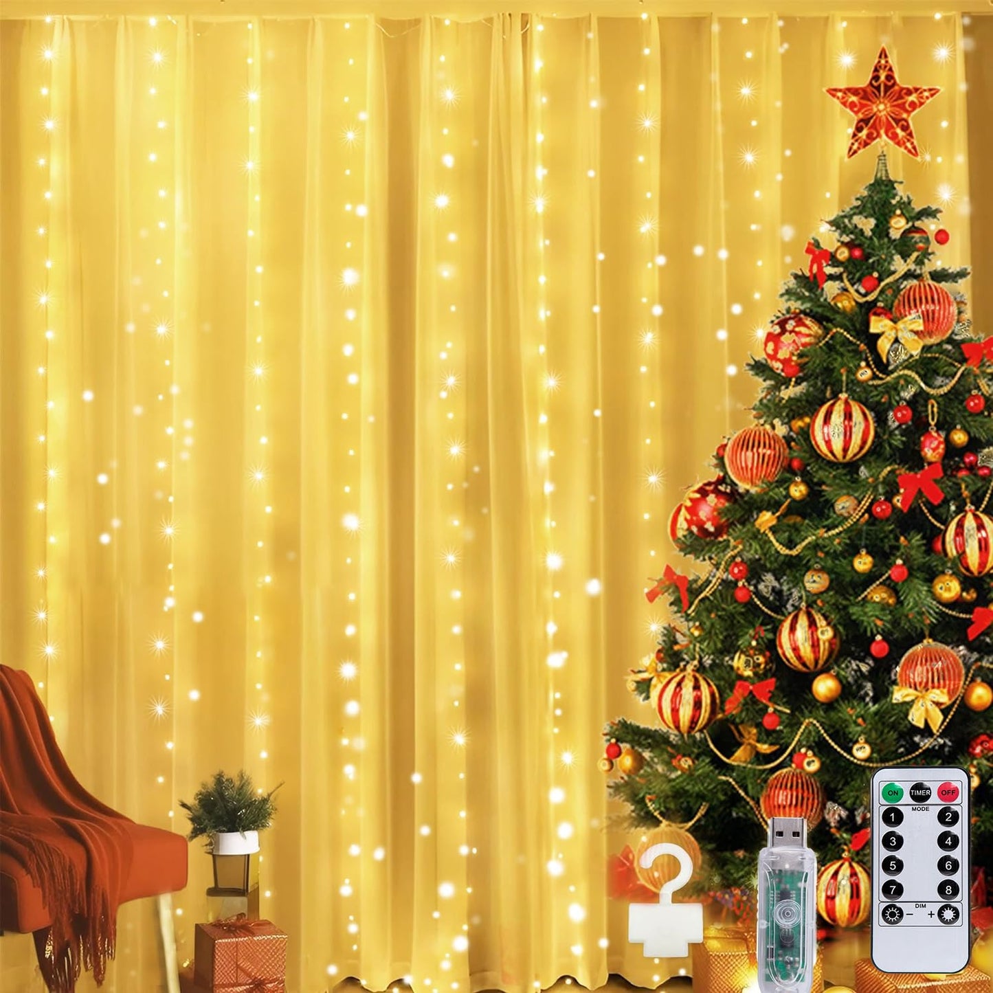 Minetom Curtain Lights, 300 LED Dimmable Fairy Lights with Remote and Timer, 8 Modes, USB Powered String Lights for Room Wall Party Xmas Indoor Decor, Warm White