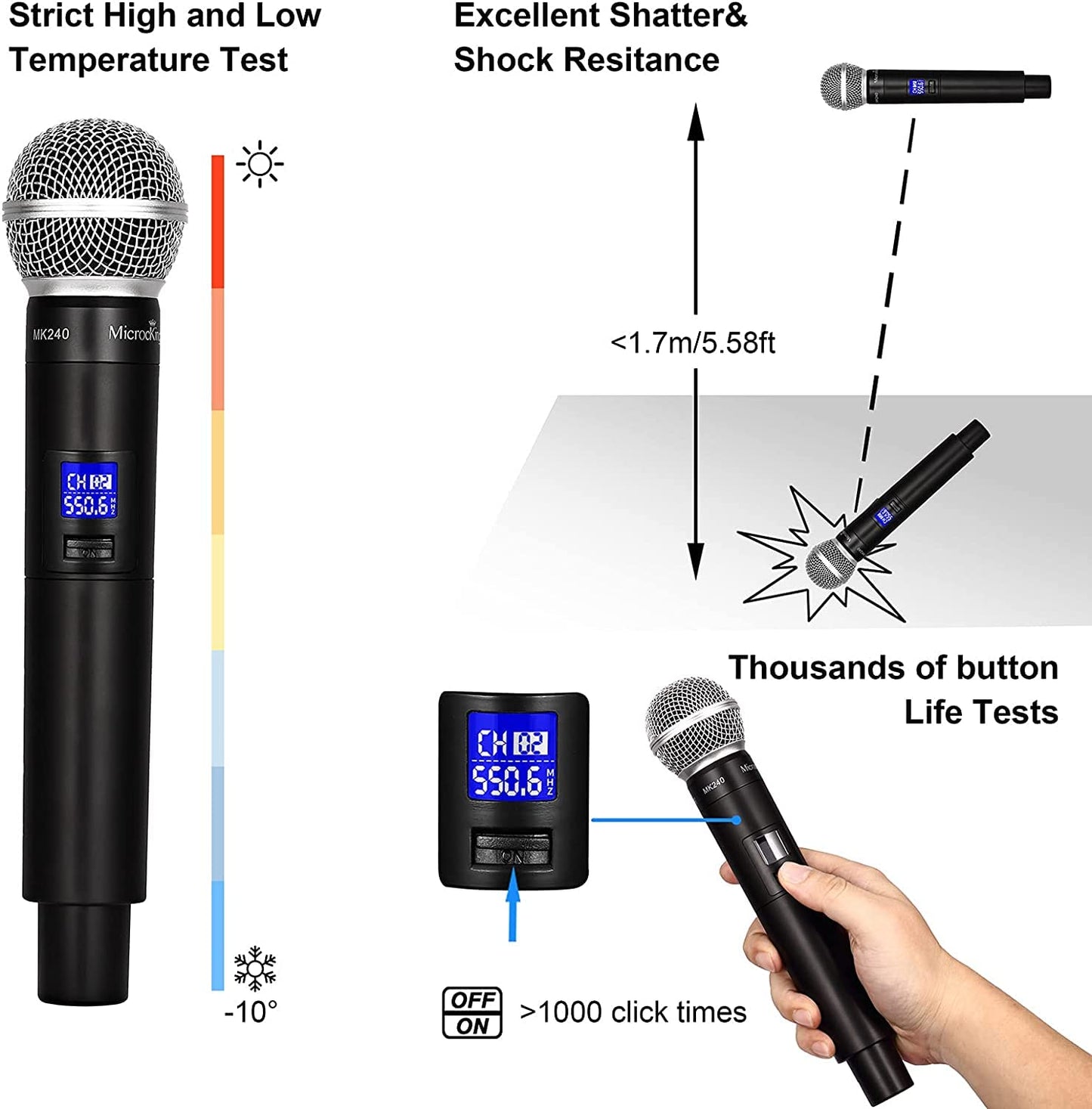 MicrocKing Wireless Microphone System, with 4 Handheld Mics, Metal Build, Fixed Frequency, Long Range 400ft, Ideal for Party/Wedding/Church/Conference/Speech