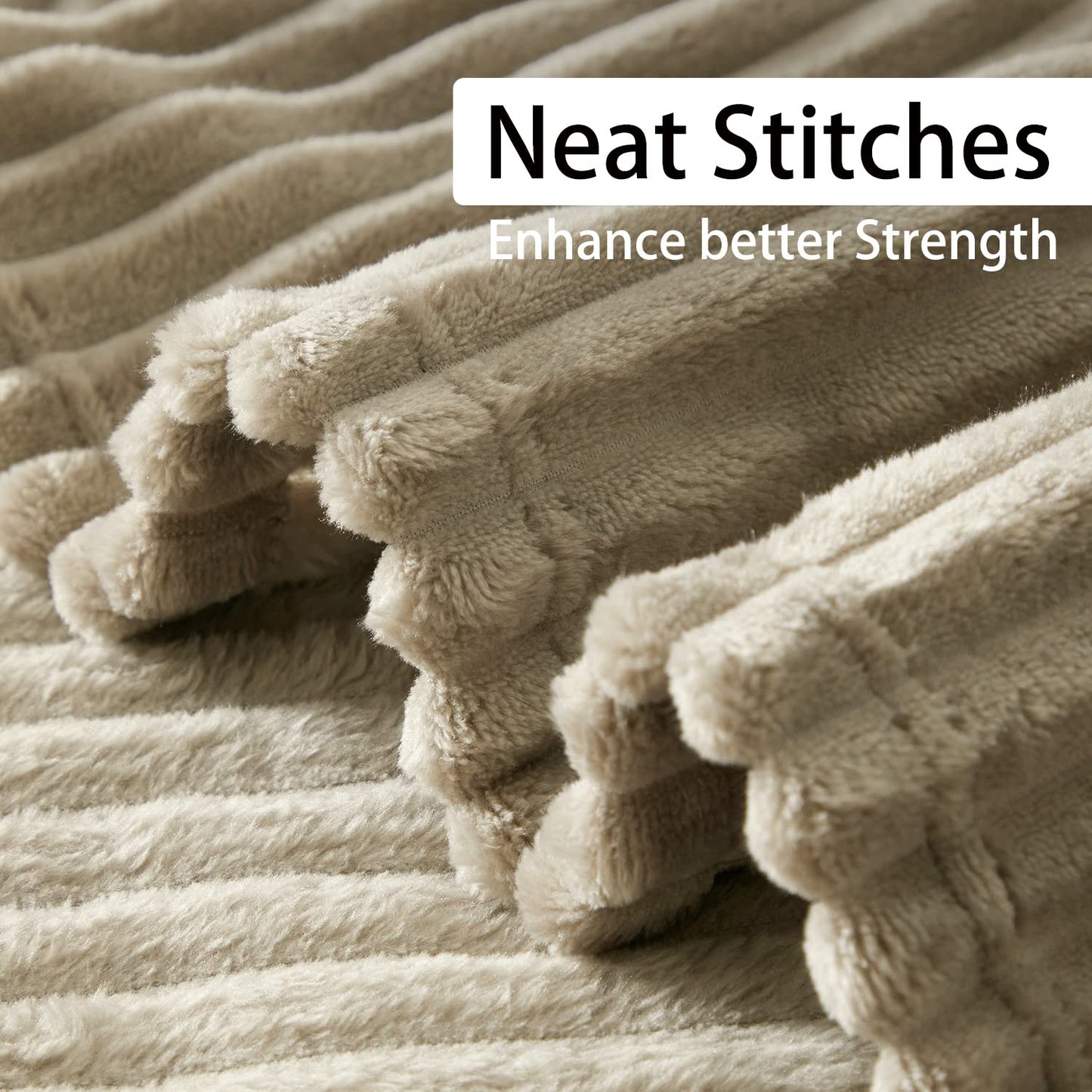 Geniospin Fleece Blanket Queen Size – 280GSM Super Soft Lightweight Bed Blanket with Strip, 3D Ribbed Jacquard, Plush Fuzzy Cozy Microfiber, Warm and Breathable (Taupe, 90x90 inches)