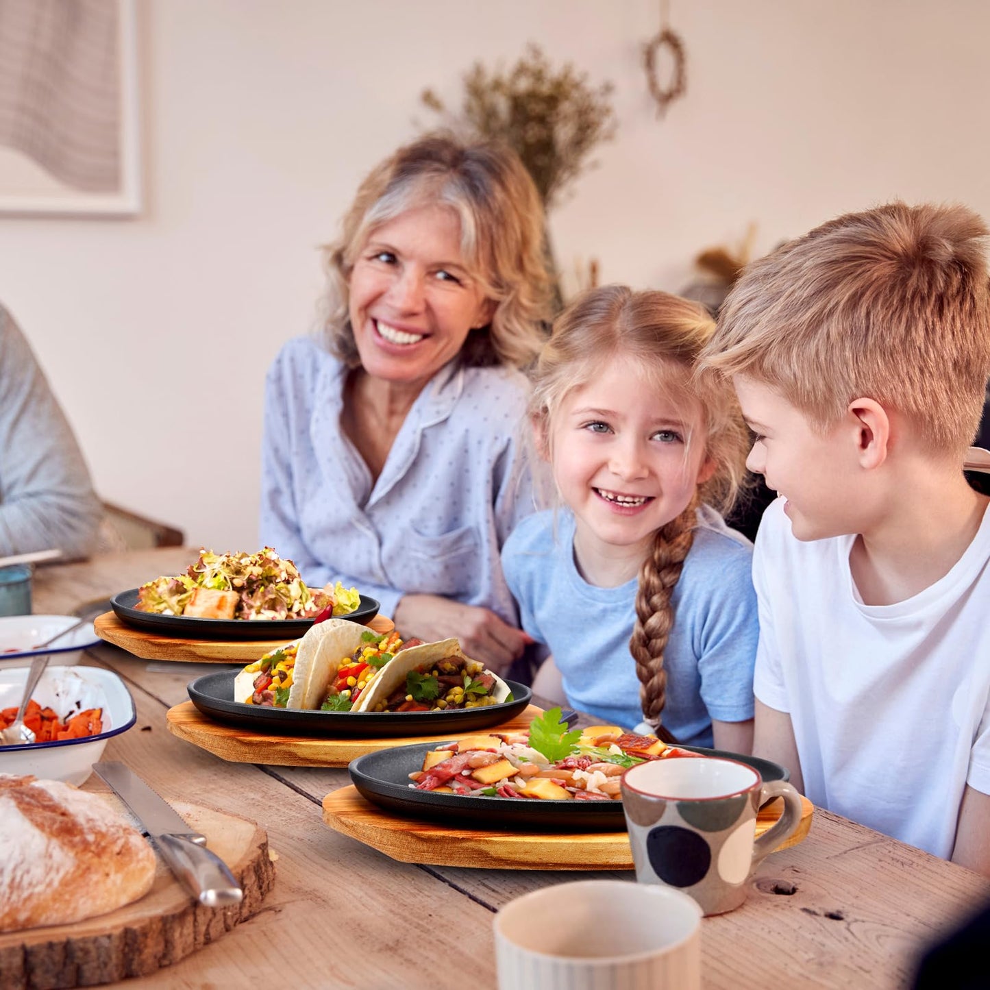 FoldTier 12 Sets Cast Iron Skillet Set 10.63'' x 6.89'' Fajita Plate Sizzling Pan with Wooden Base Anti Scald Protection Removable Handle for Restaurant Kitchen Cooking Accessory BBQ Party