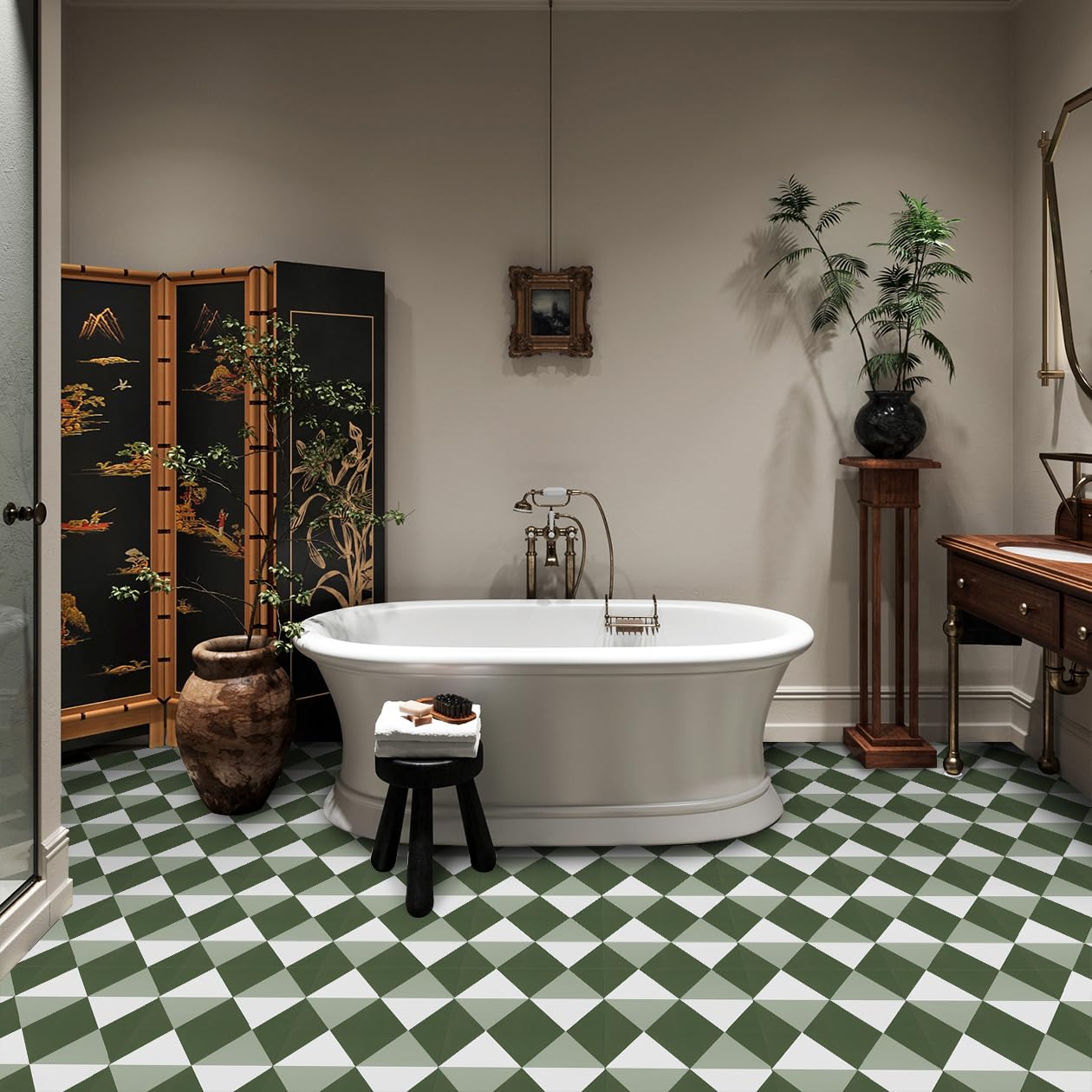 Alow Peel and Stick Floor Tile,Green Self-Adhsive Peel and Stick Flooring,Waterproof Vinyl Flooring Suit for Kitchen、Toilet (12×12in 10pcs)