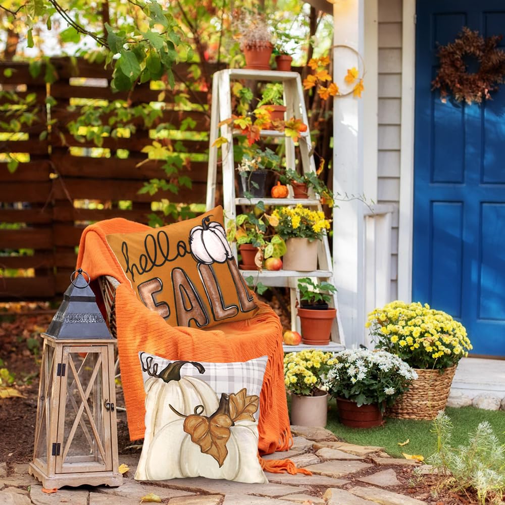 Heirloom Haven Fall Pumpkin Throw Pillow Covers 18x18 Set of 4, Maple Leaves Love Autumn Thanksgiving Harvest Decorative Pillows Outdoor Farmhouse Seasonal Cushion Case for Home Sofa Couch Decor