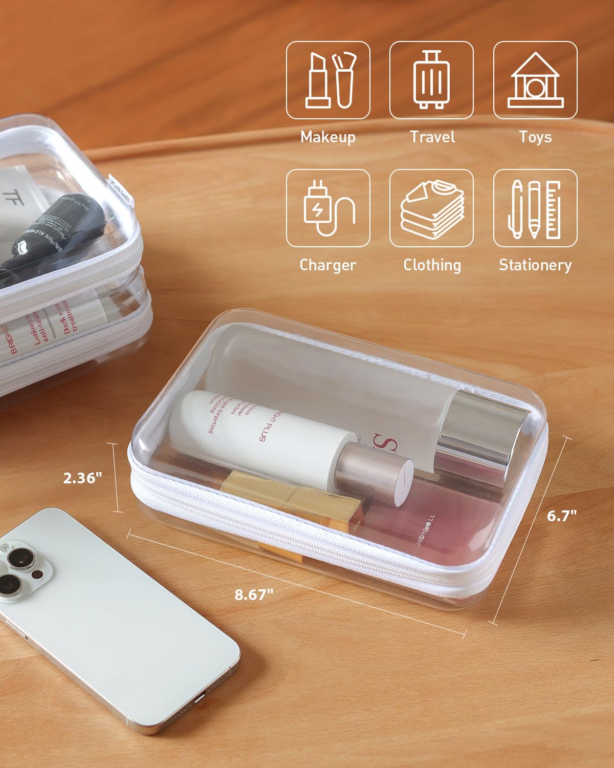 3PCS Clear Hard Shell Zipper Case,Portable Cosmetic Bag with Zipper, Diaper Bag Organizing Pouches, Kid's Toy Storage Organizer Bins,Hard Plastic Case,Clear Bags for Organizing