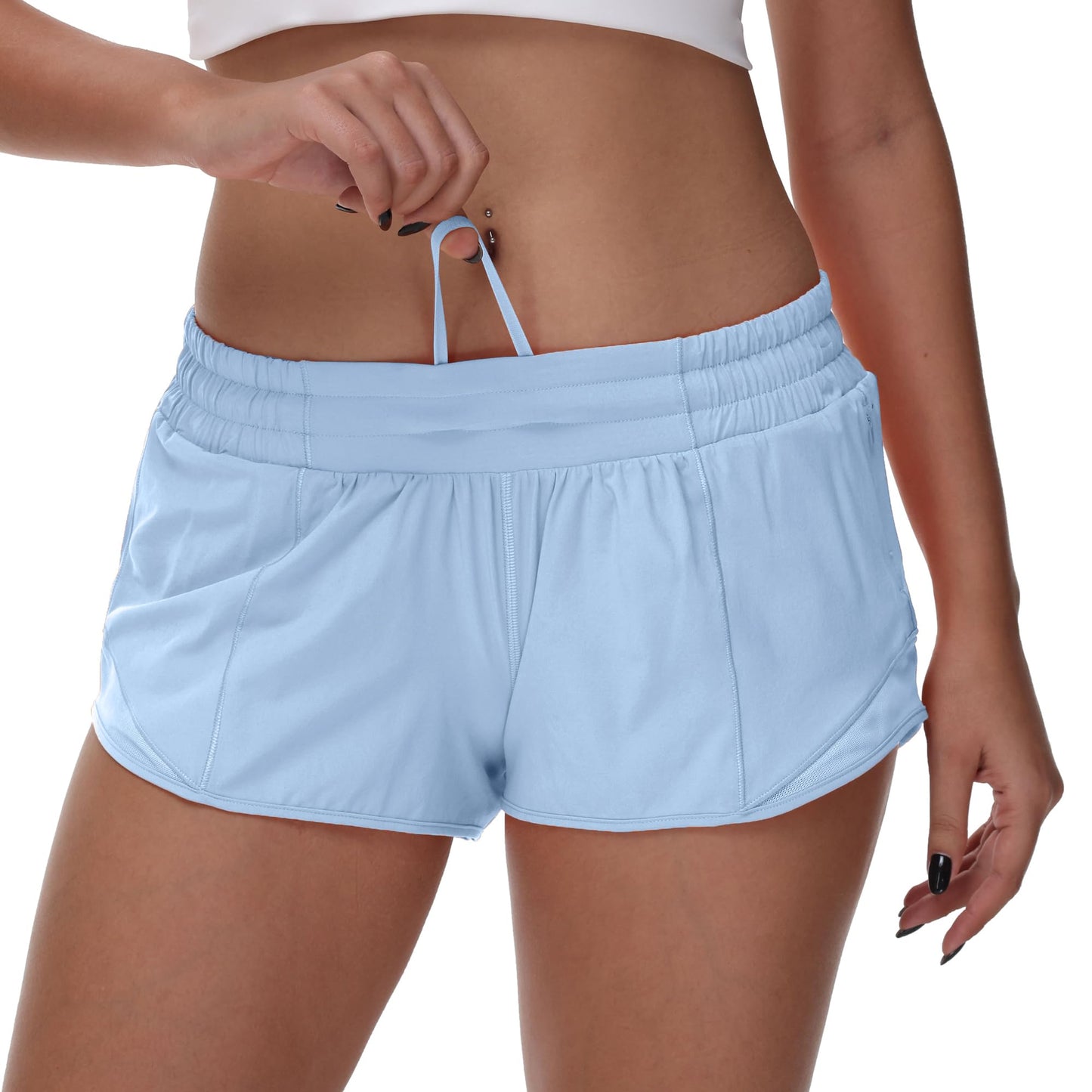 MCEDAR Women's Running Shorts Low Waisted 2.5"，Lightweight Active Workout Quick Dry Gym Athletic Sports Shorts Zip Pocket Pastel Blue,6/S