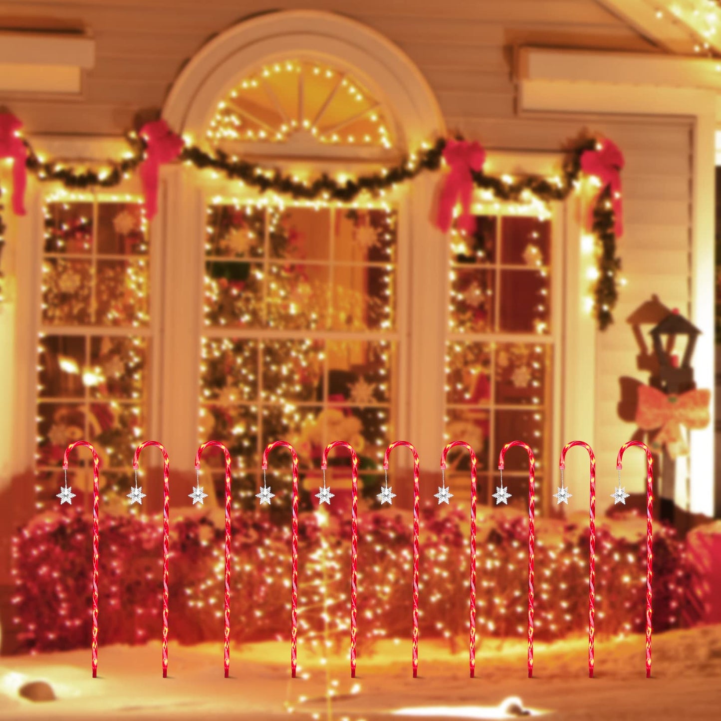 JUSTPRO 10 Pack 33" 160LED Candy Cane with Snowflake Lawn Stake Light , Christmas Candy Cane Lights - Pathway Markers Christmas Outdoor Yard Decorations with 11-Functions (RED and White )