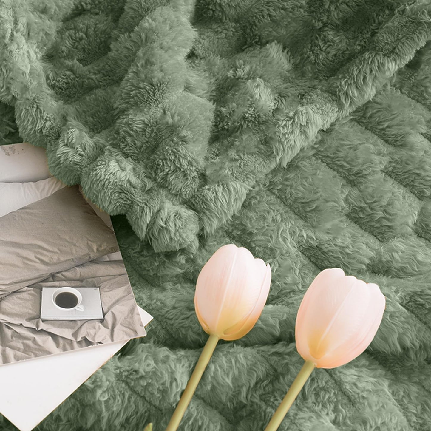 Excervent Flannel Fleece Throw Blanket(60x80 inches), Big 3D Clouds Stylish Hexagon Jacquard Decorative Fuzzy Blankets for Household, Camping, and Travel, Super Soft Cozy, Sage Green