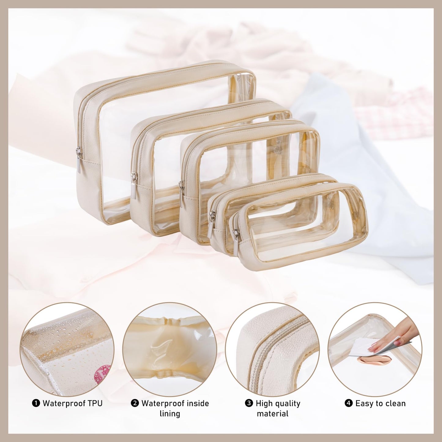 Remobia Hicol TSA Approved 5-Piece Diaper Bag Organizer Pouch Set Clear Waterproof TPU Kids Toiletry Storage Set Travel Packing Clutch Cube Bags for Baby Nursing(Cream leather)