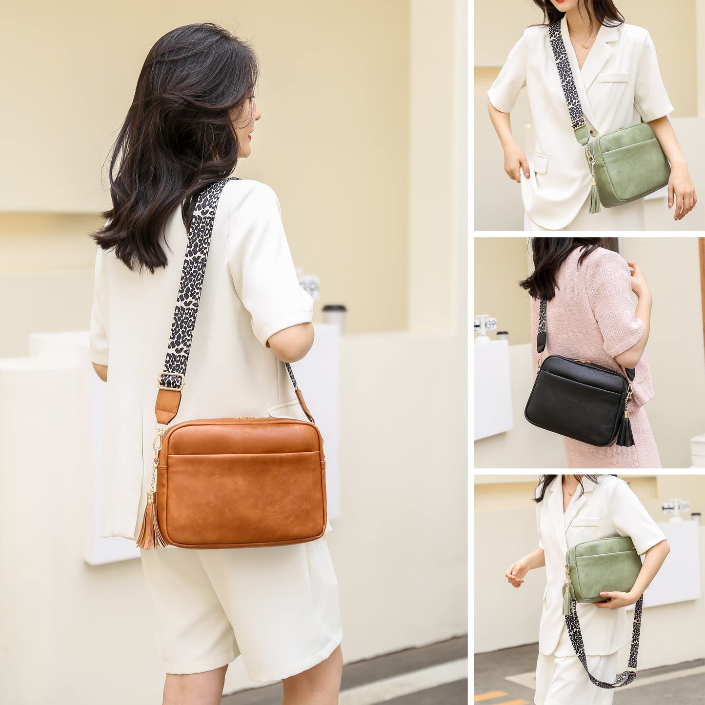 Cynure Women's Leather Crossbody Bag Zipper Shoulder Camera Purse, Khaki