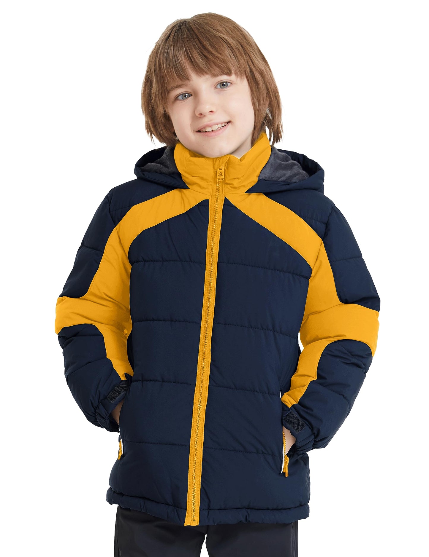 ZSHOW Boys' Hooded Puffer Jacket Fleece Lined Padded Winter Coat(Navy & Yellow,10-12)